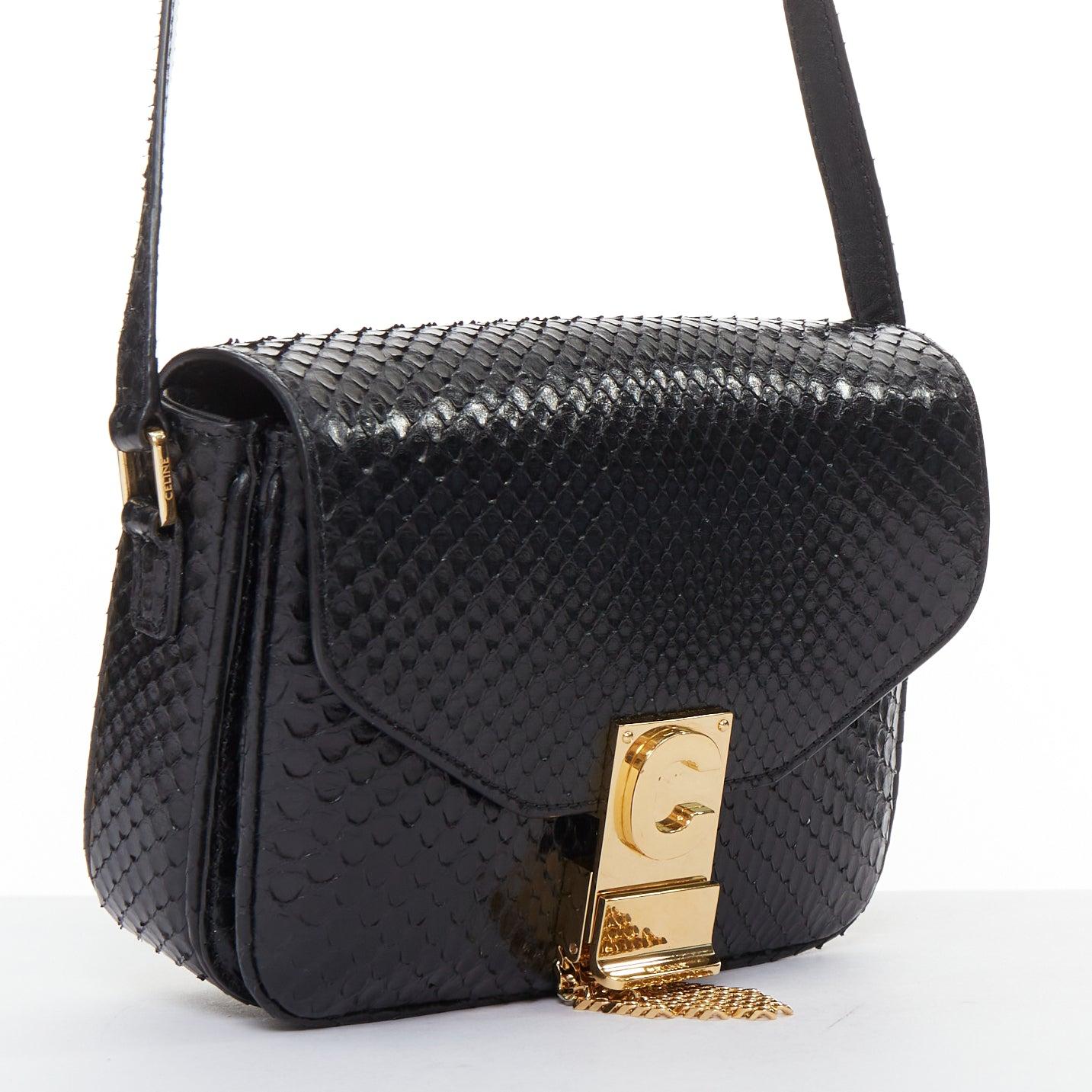 CELINE C Bag Runway schwarzes goldfarbenes Leder mit Fransen und C-Verschluss Crossbody Box Bag (Schwarz) im Angebot