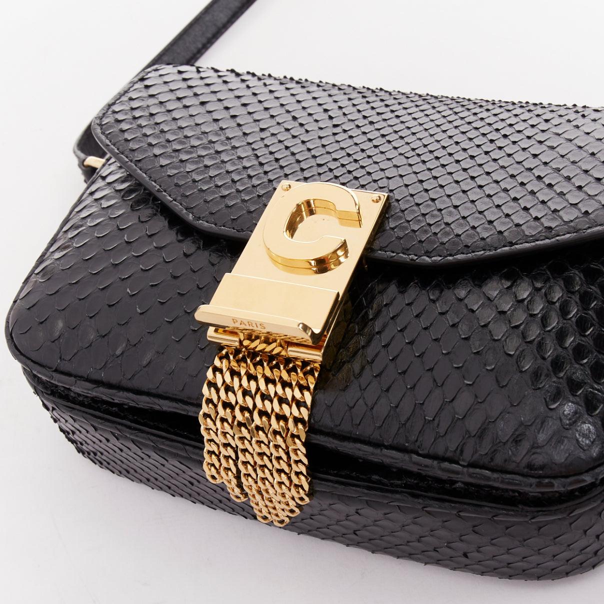 CELINE C Bag Runway schwarzes goldfarbenes Leder mit Fransen und C-Verschluss Crossbody Box Bag im Angebot 2