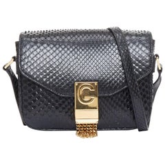 CELINE C Bag Runway schwarzes goldfarbenes Leder mit Fransen und C-Verschluss Crossbody Box Bag