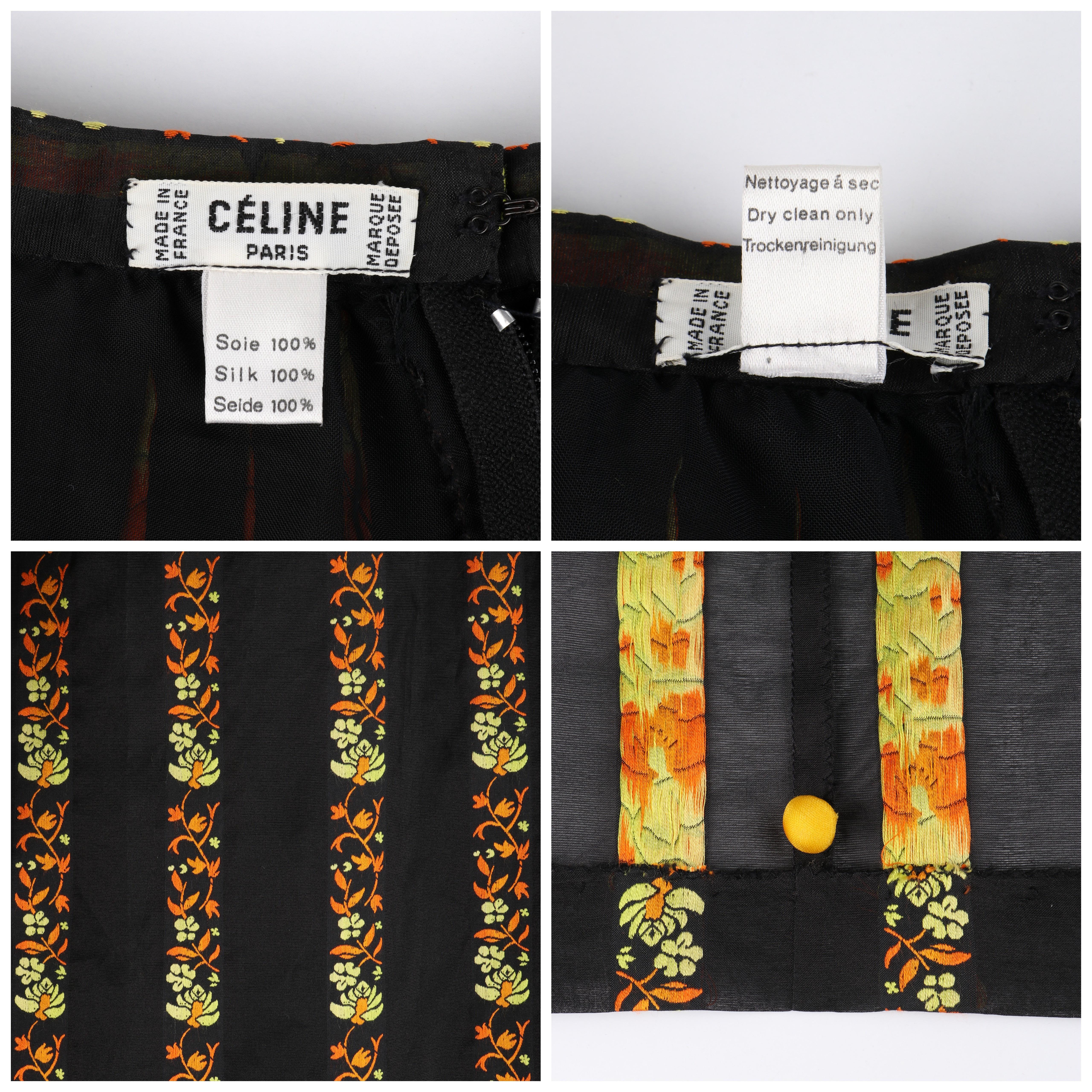 CELINE c.1970's Black Multicolor Floral Vines Print Pleated Maxi Circle Skirt 5