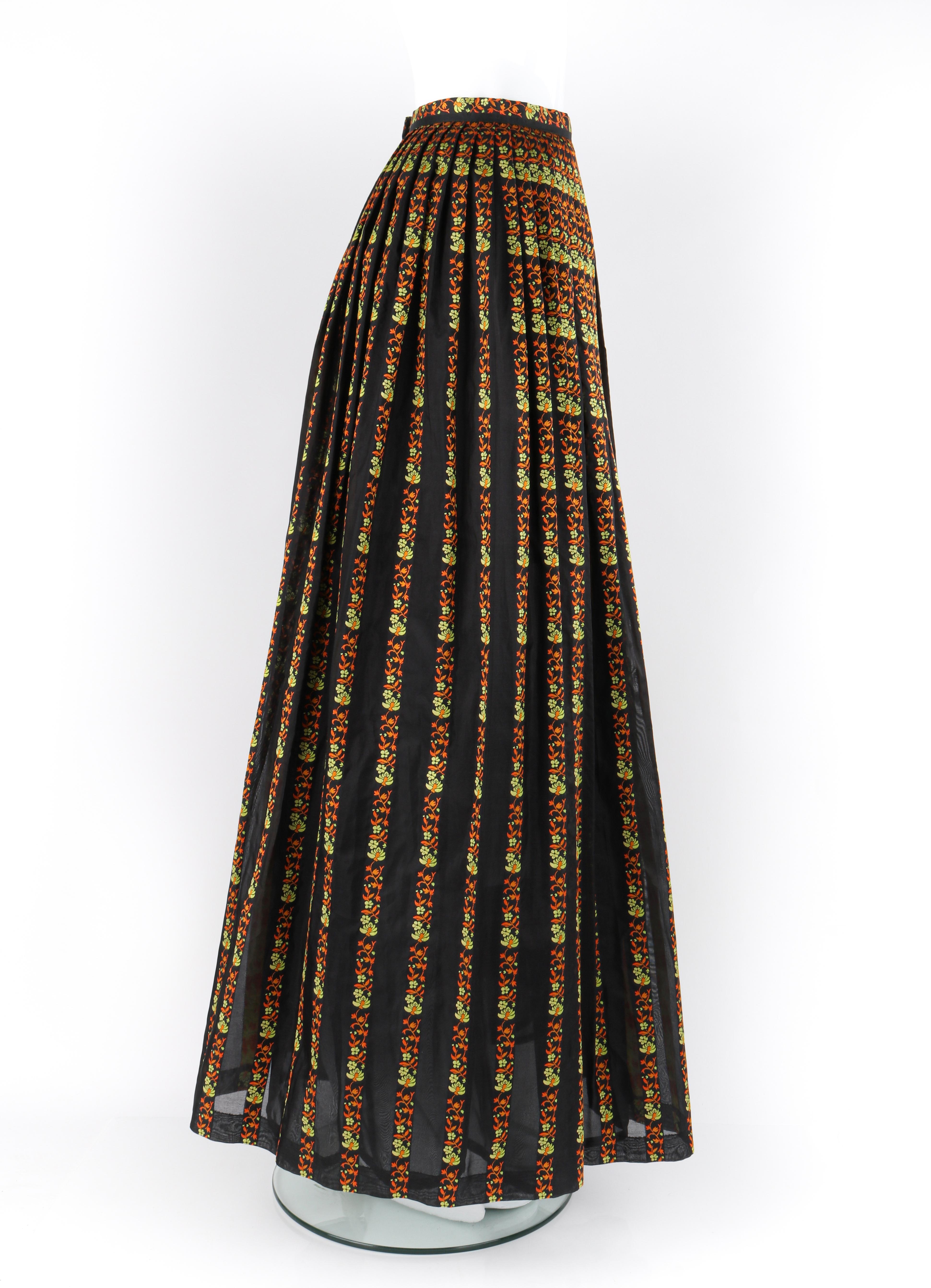 CELINE c.1970's Black Multicolor Floral Vines Print Pleated Maxi Circle Skirt In Good Condition In Thiensville, WI