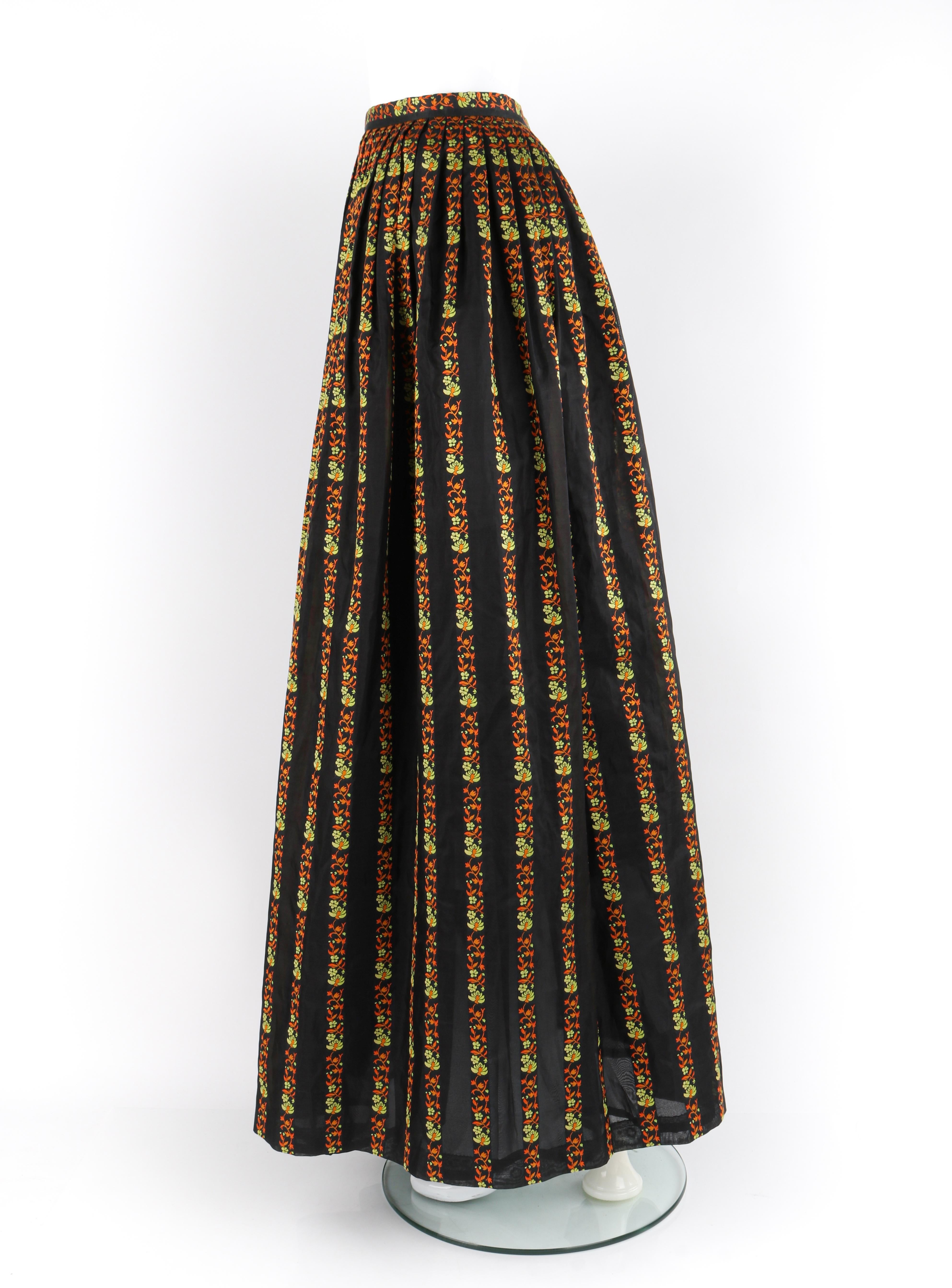 CELINE c.1970's Black Multicolor Floral Vines Print Pleated Maxi Circle Skirt 1