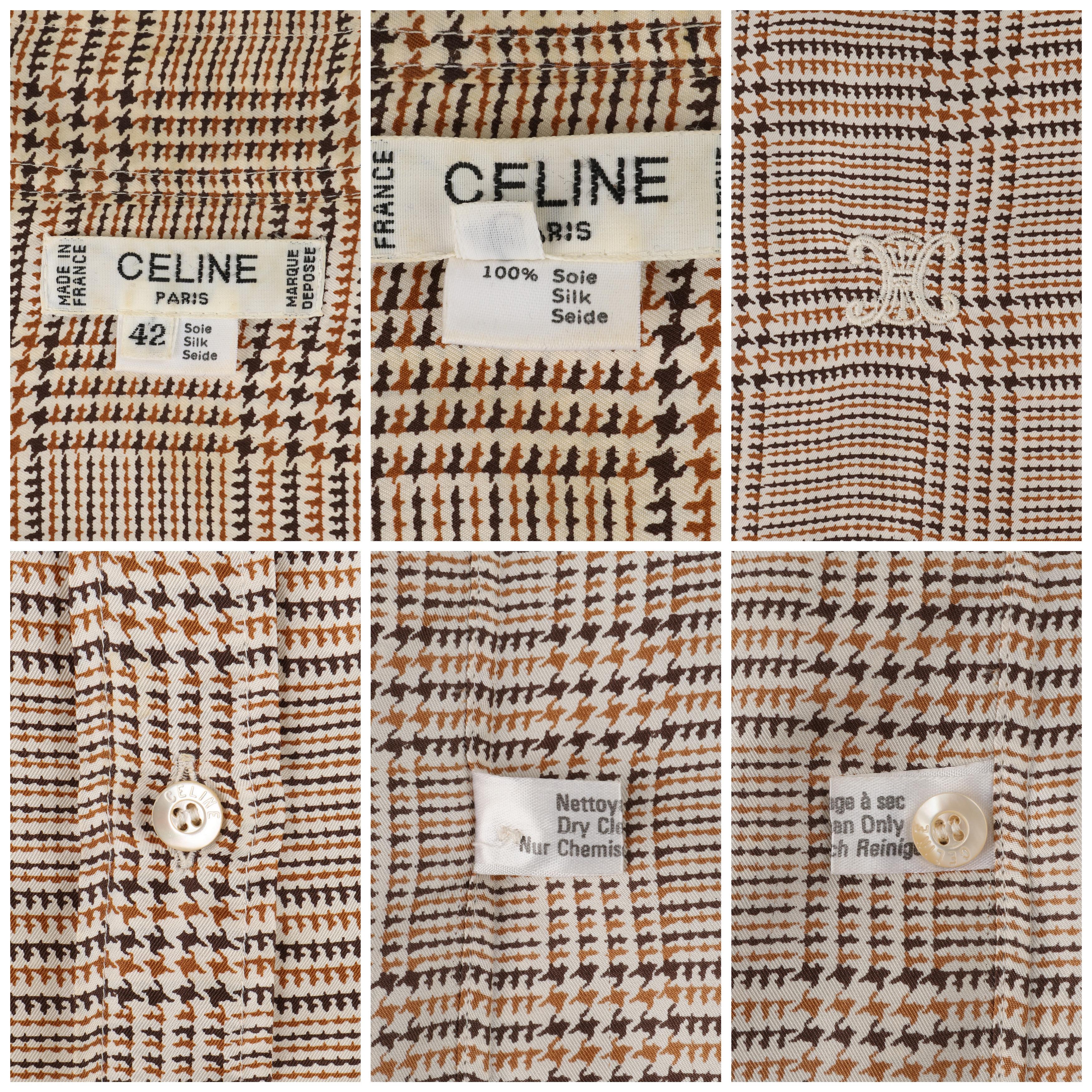 CELINE c.1970's Brown Tan Silk Houndstooth Print Pussybow Button Up Blouse Top For Sale 6