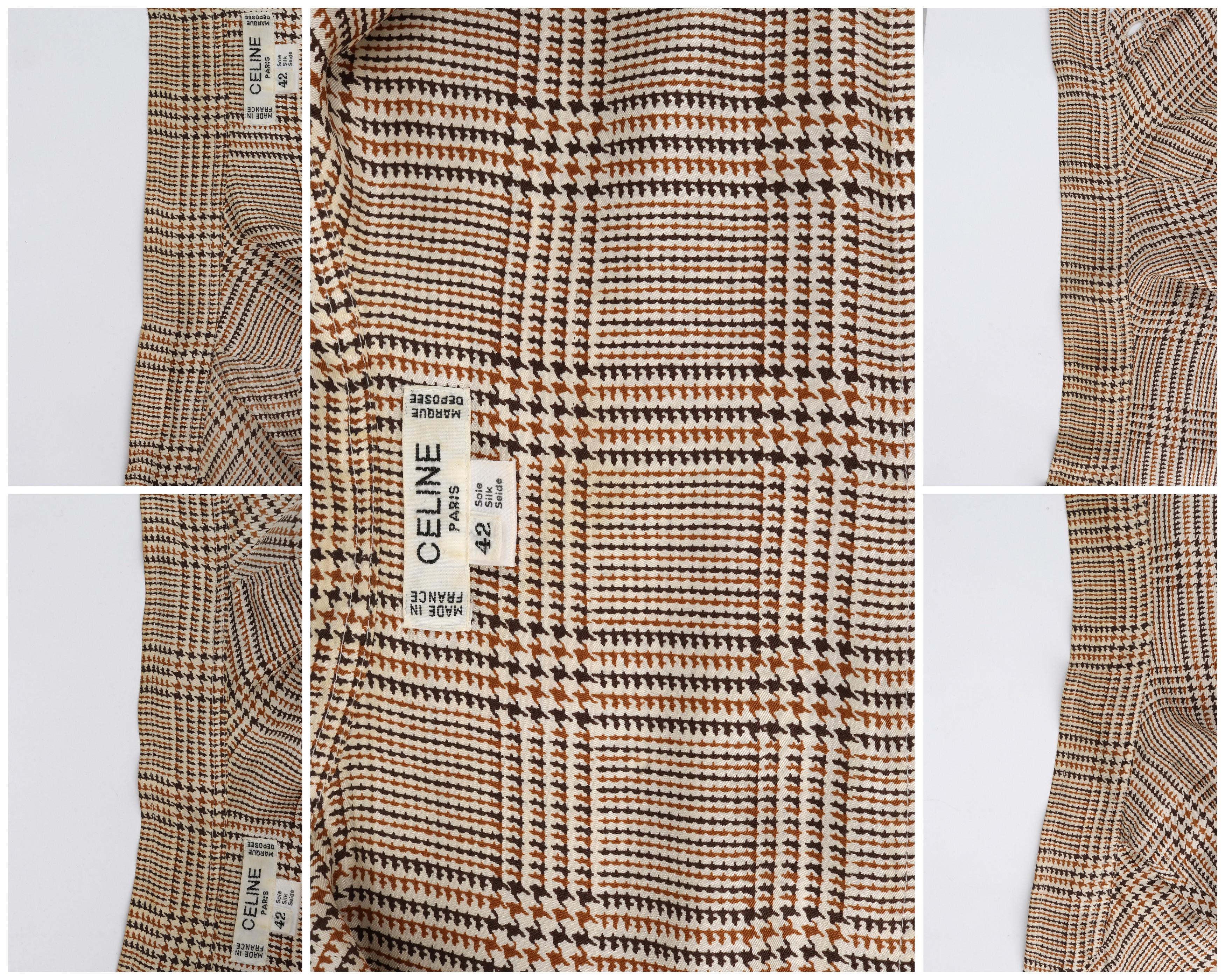 CELINE c.1970's Brown Tan Silk Houndstooth Print Pussybow Button Up Blouse Top For Sale 7