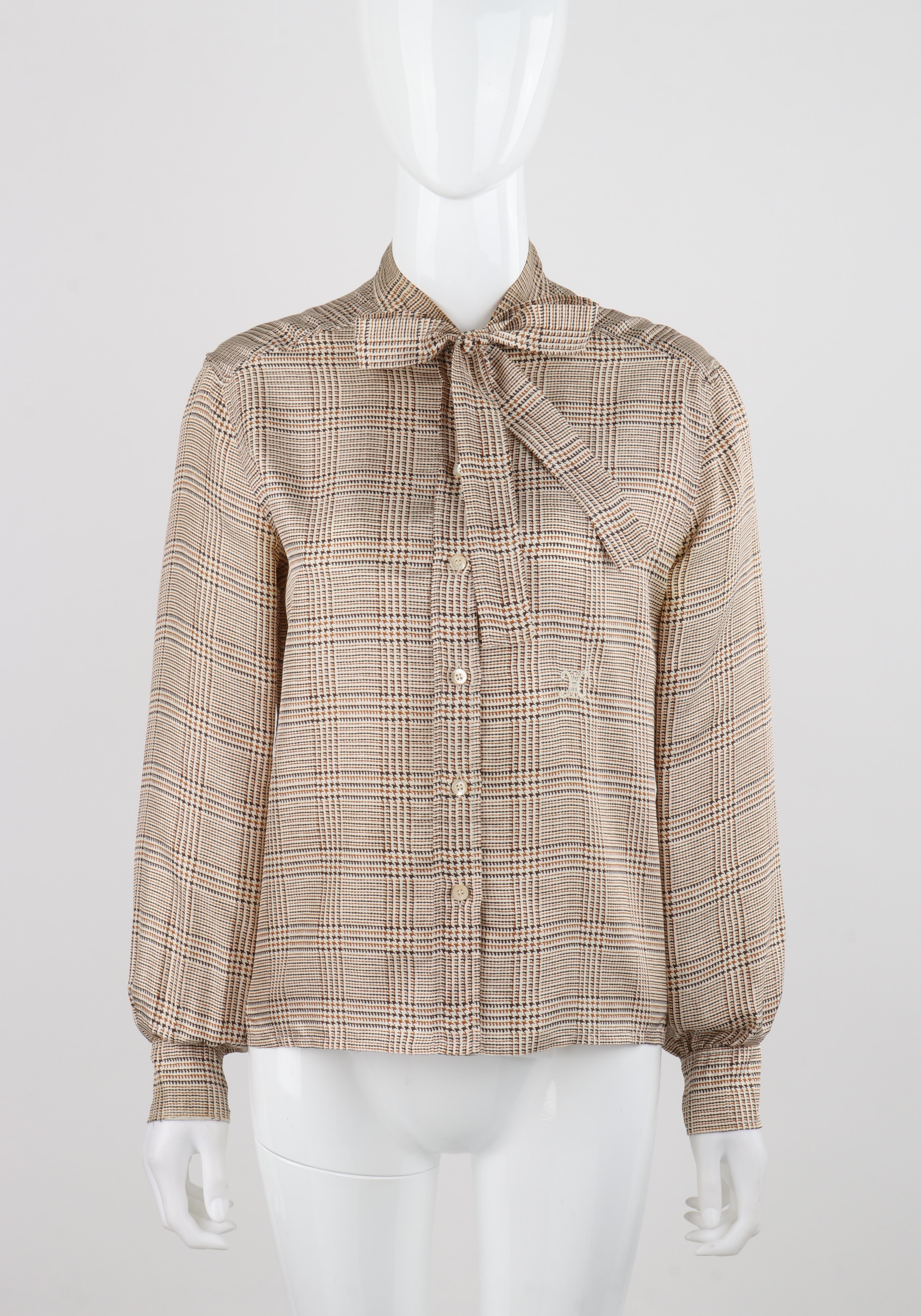 CELINE c.1970's Brown Tan Silk Houndstooth Print Pussybow Button Up Blouse Top In Good Condition For Sale In Thiensville, WI
