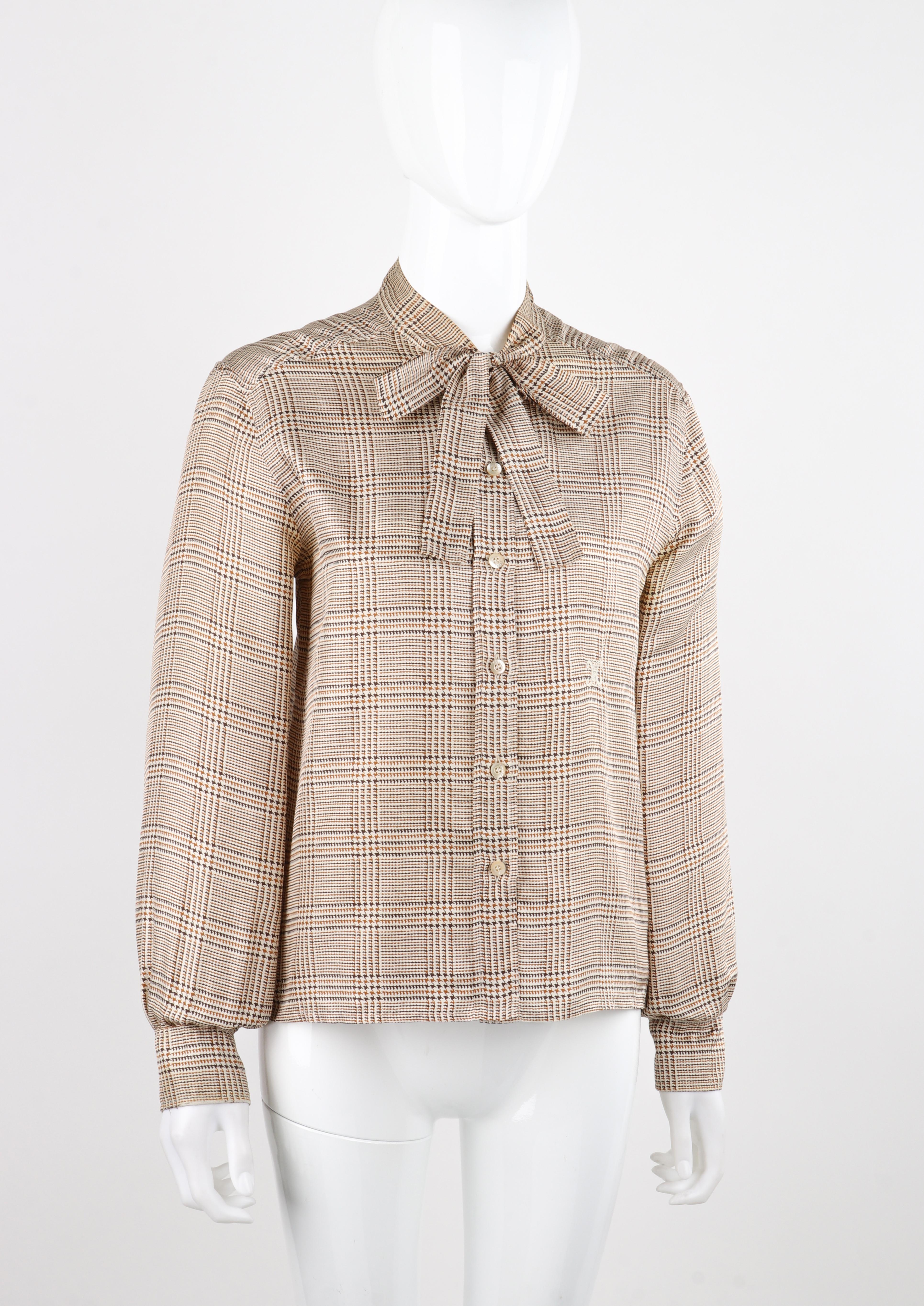 Women's CELINE c.1970's Brown Tan Silk Houndstooth Print Pussybow Button Up Blouse Top For Sale