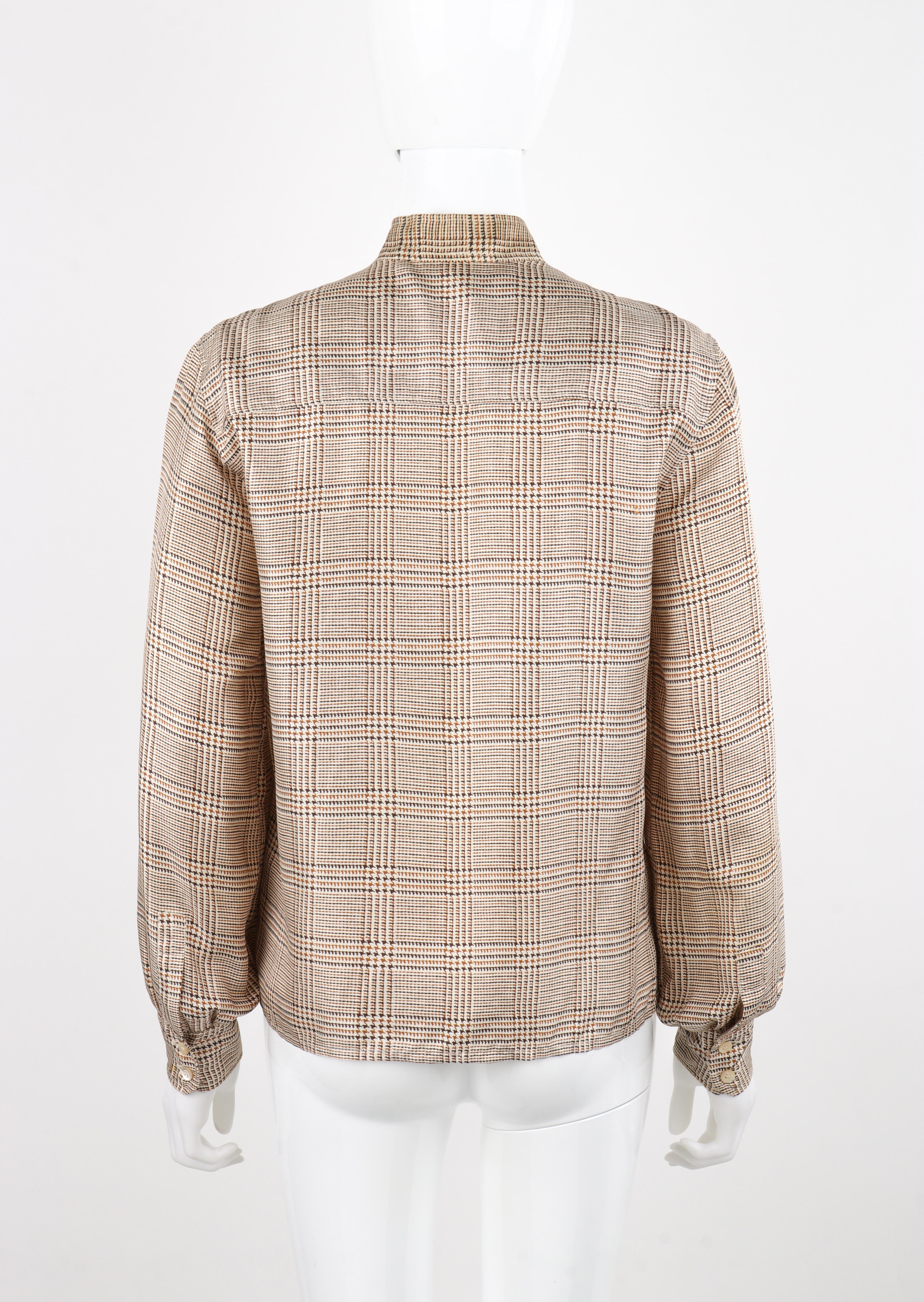 CELINE c.1970's Brown Tan Silk Houndstooth Print Pussybow Button Up Blouse Top For Sale 2