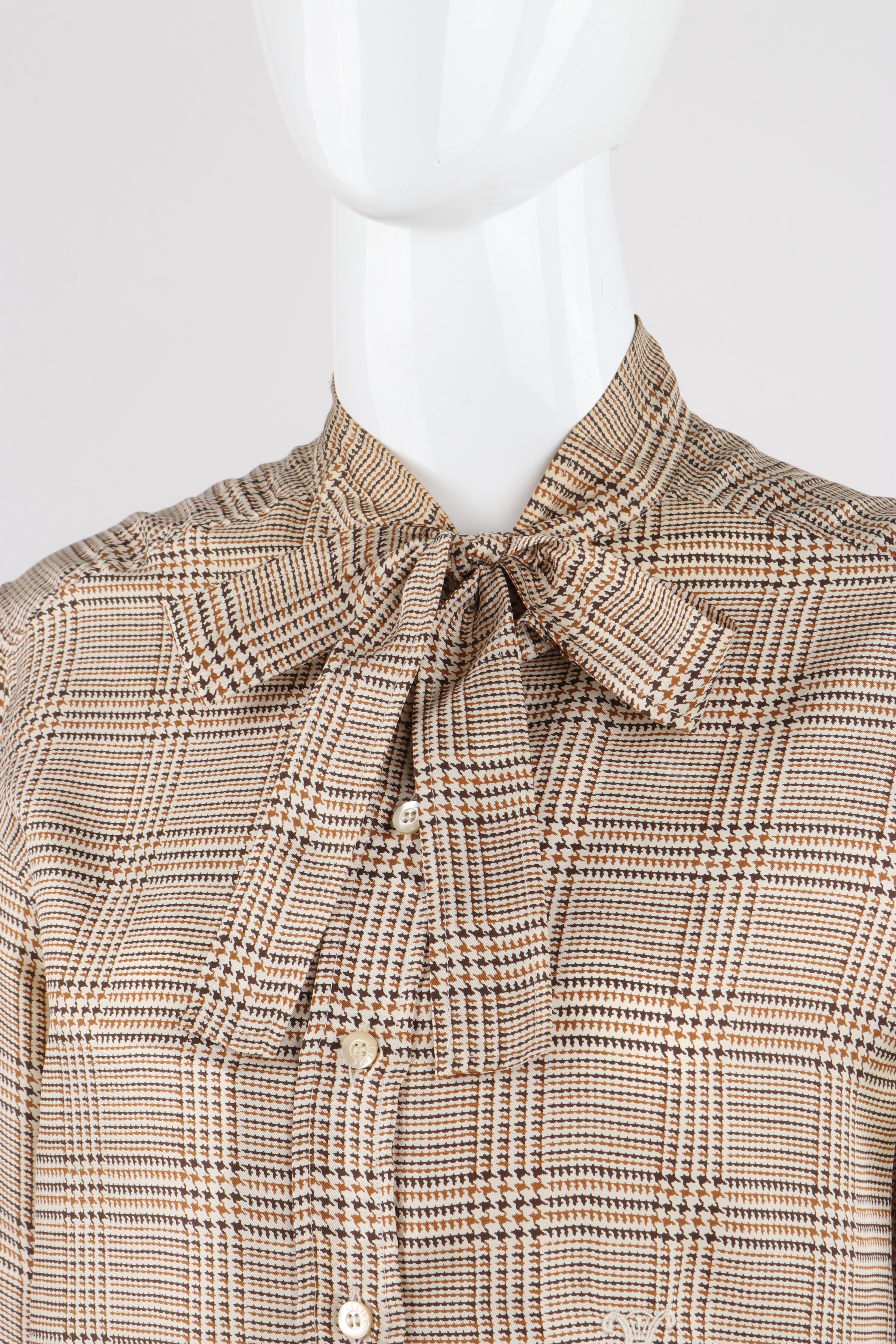 CELINE c.1970's Brown Tan Silk Houndstooth Print Pussybow Button Up Blouse Top For Sale 3