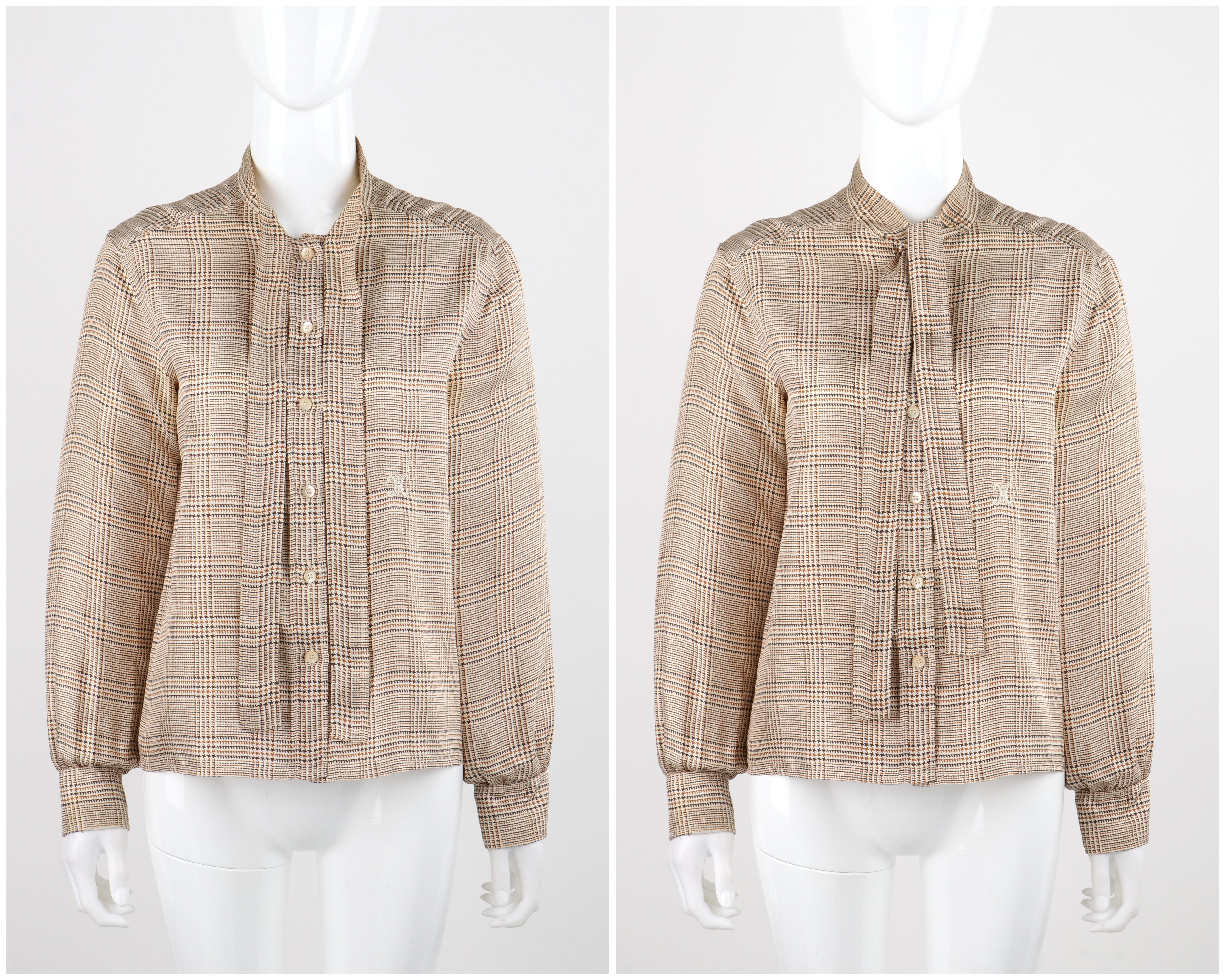 CELINE c.1970's Brown Tan Silk Houndstooth Print Pussybow Button Up Blouse Top For Sale 5