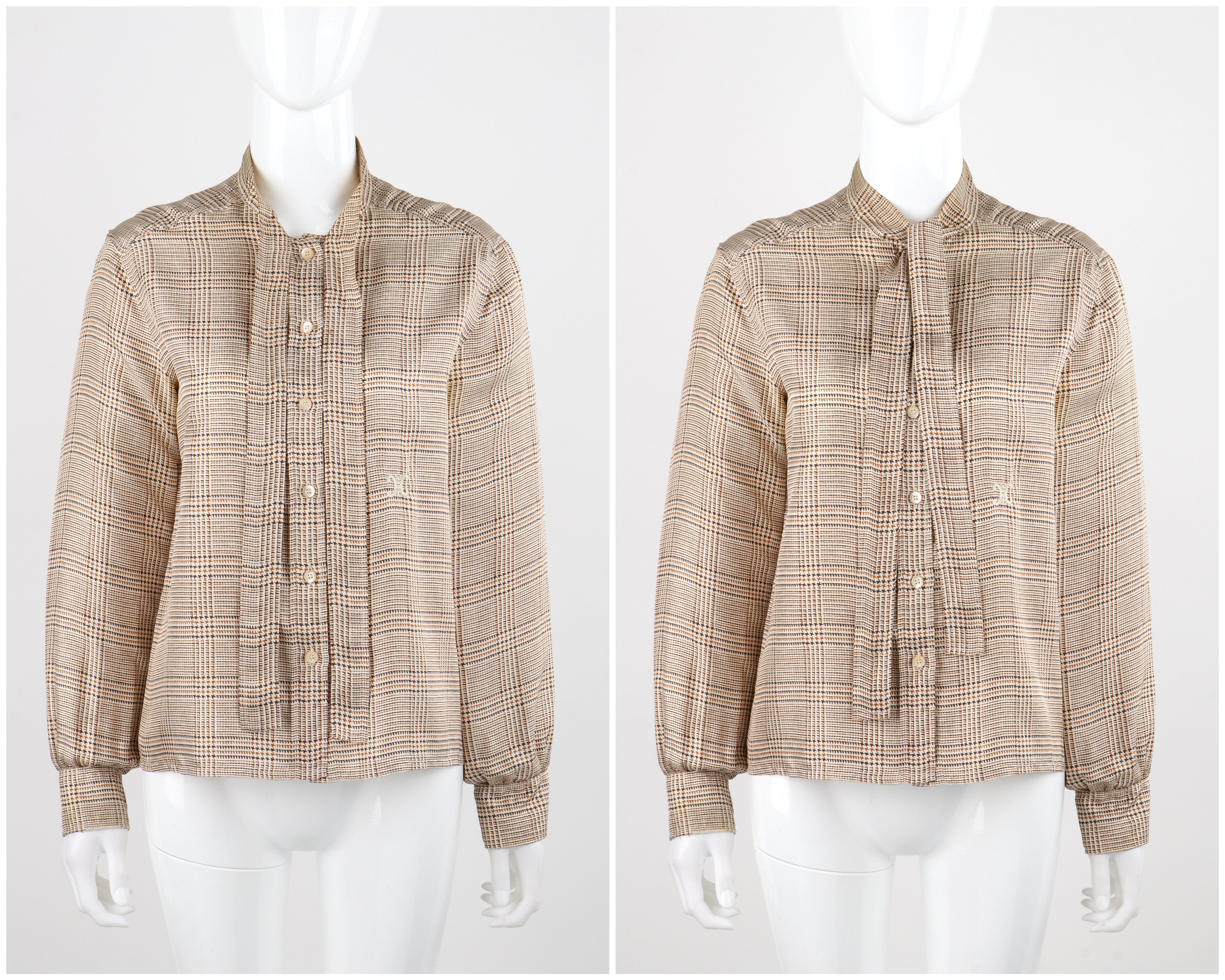 CELINE c.1970's Brown Tan Silk Houndstooth Print Pussybow Button Up Blouse Top For Sale 4