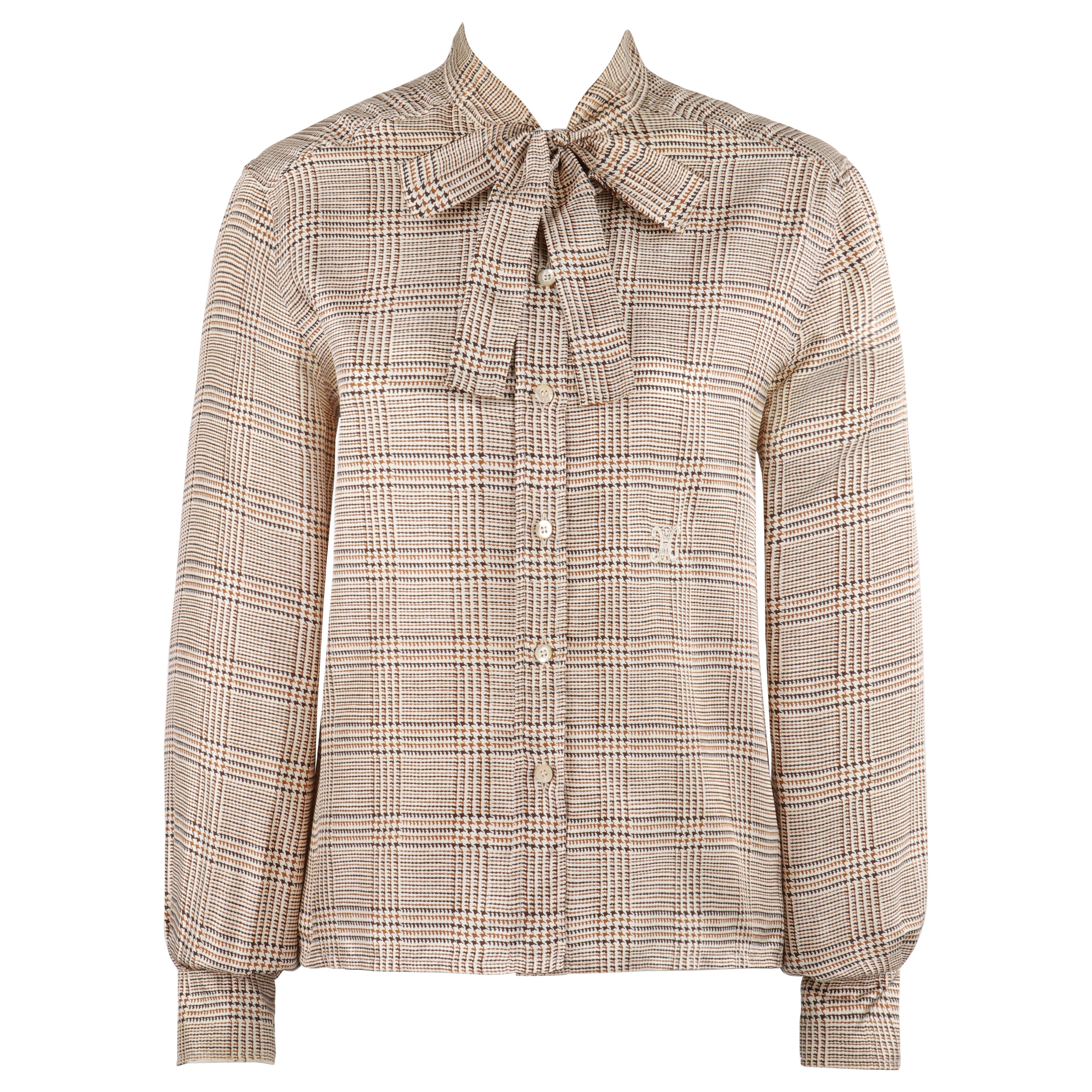 CELINE c.1970's Brown Tan Silk Houndstooth Print Pussybow Button Up Blouse Top