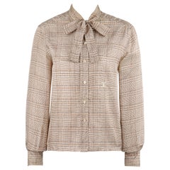 CELINE c.1970's Brown Tan Silk Houndstooth Print Pussybow Button Up Blouse Top