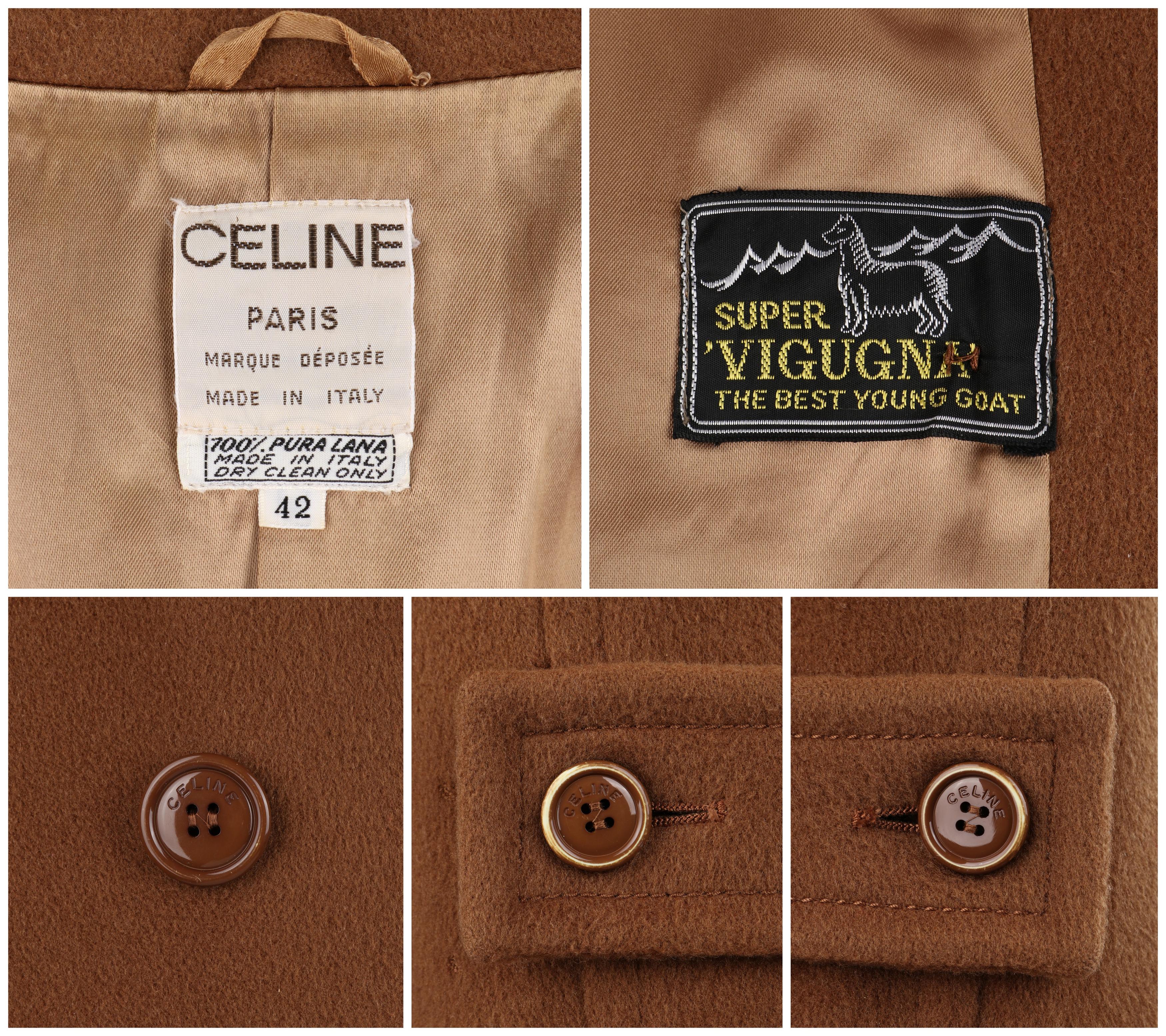 CELINE c.1980's Marrón 100% Lana Abrigo largo con botones y doble botonadura Abrigo en venta 4