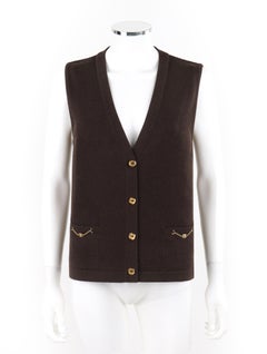 CELINE c.1990s Brown Gold Wool Button-Up V-Neck Sleeveless Sweater Vest Top