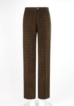 CELINE c.1990's Wool Green Red Check Pattern High Waist Tapered Trouser Pants