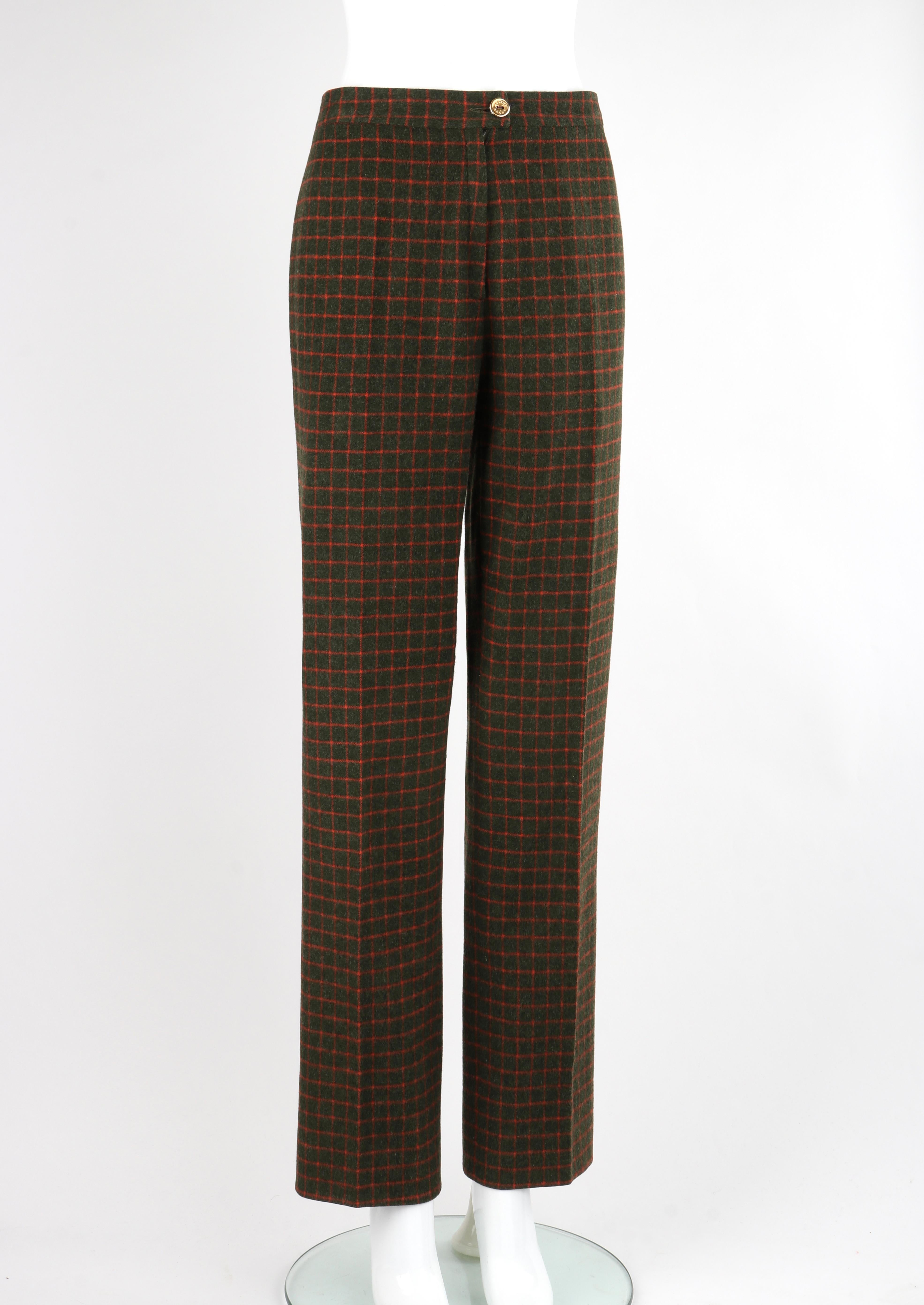 CELINE c.1990's Wool Green Red Check Pattern High Waist Tapered Trouser Pants In Good Condition In Thiensville, WI