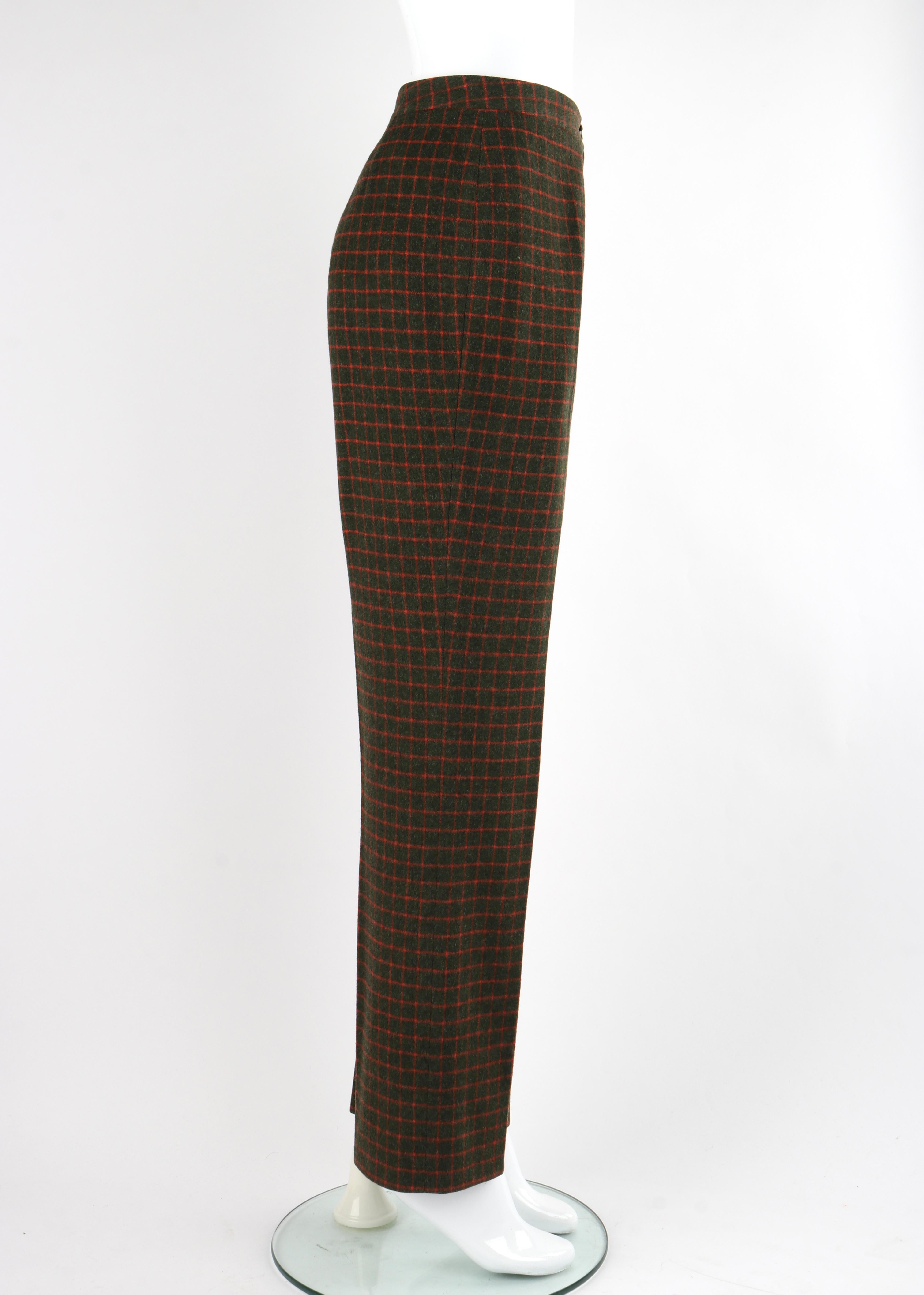 Women's CELINE c.1990's Wool Green Red Check Pattern High Waist Tapered Trouser Pants