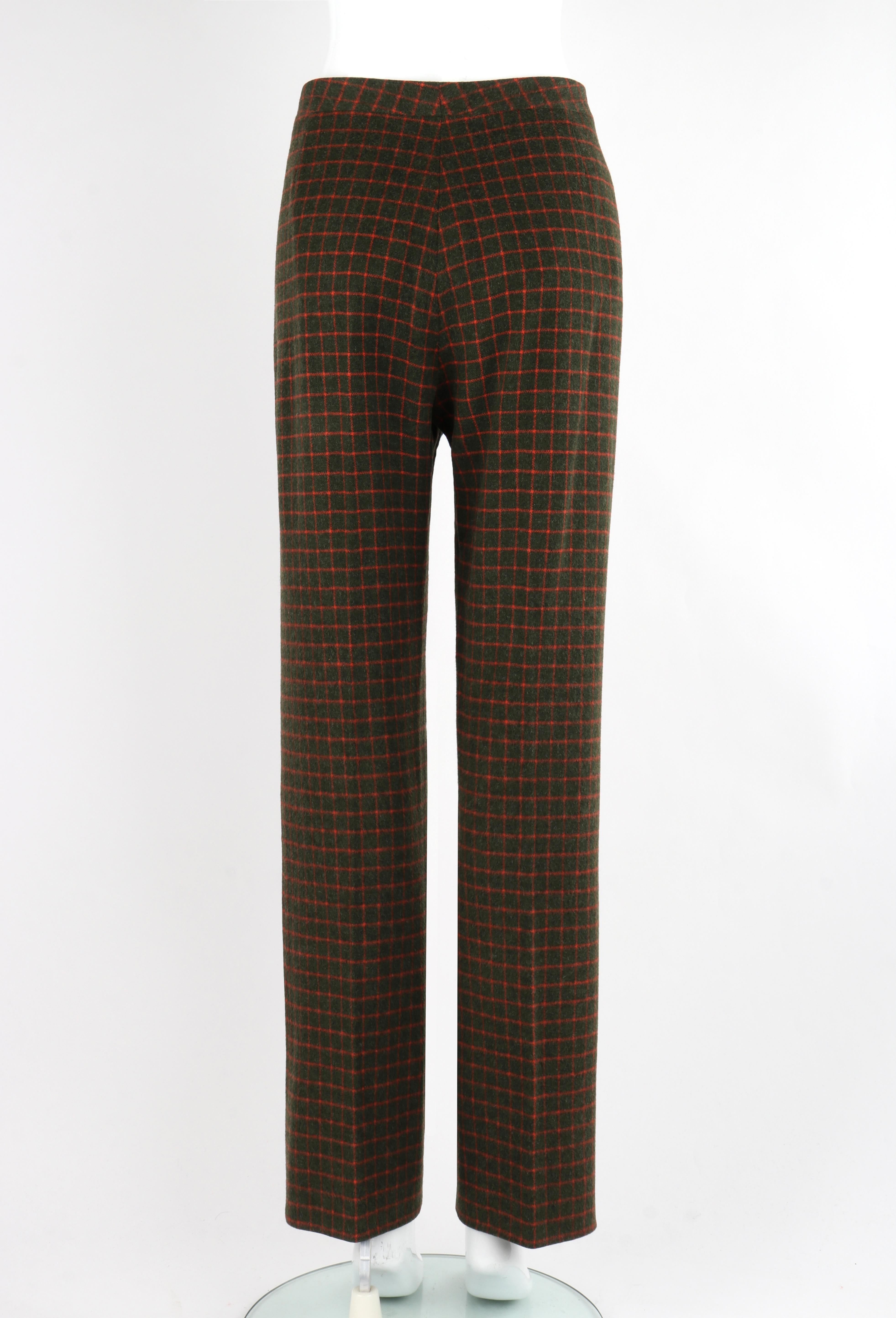 CELINE c.1990's Wool Green Red Check Pattern High Waist Tapered Trouser Pants 1