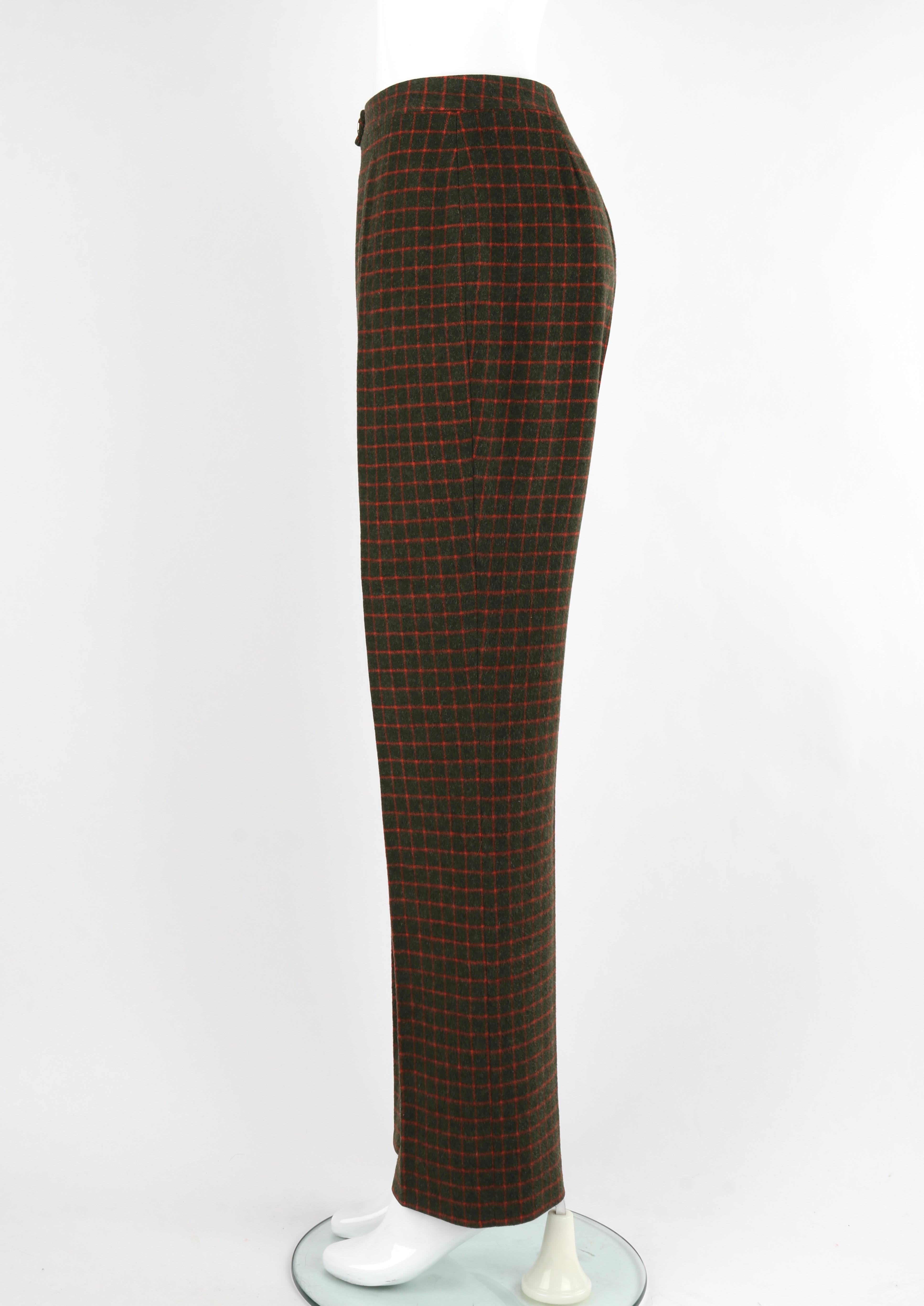 CELINE c.1990's Wool Green Red Check Pattern High Waist Tapered Trouser Pants 2