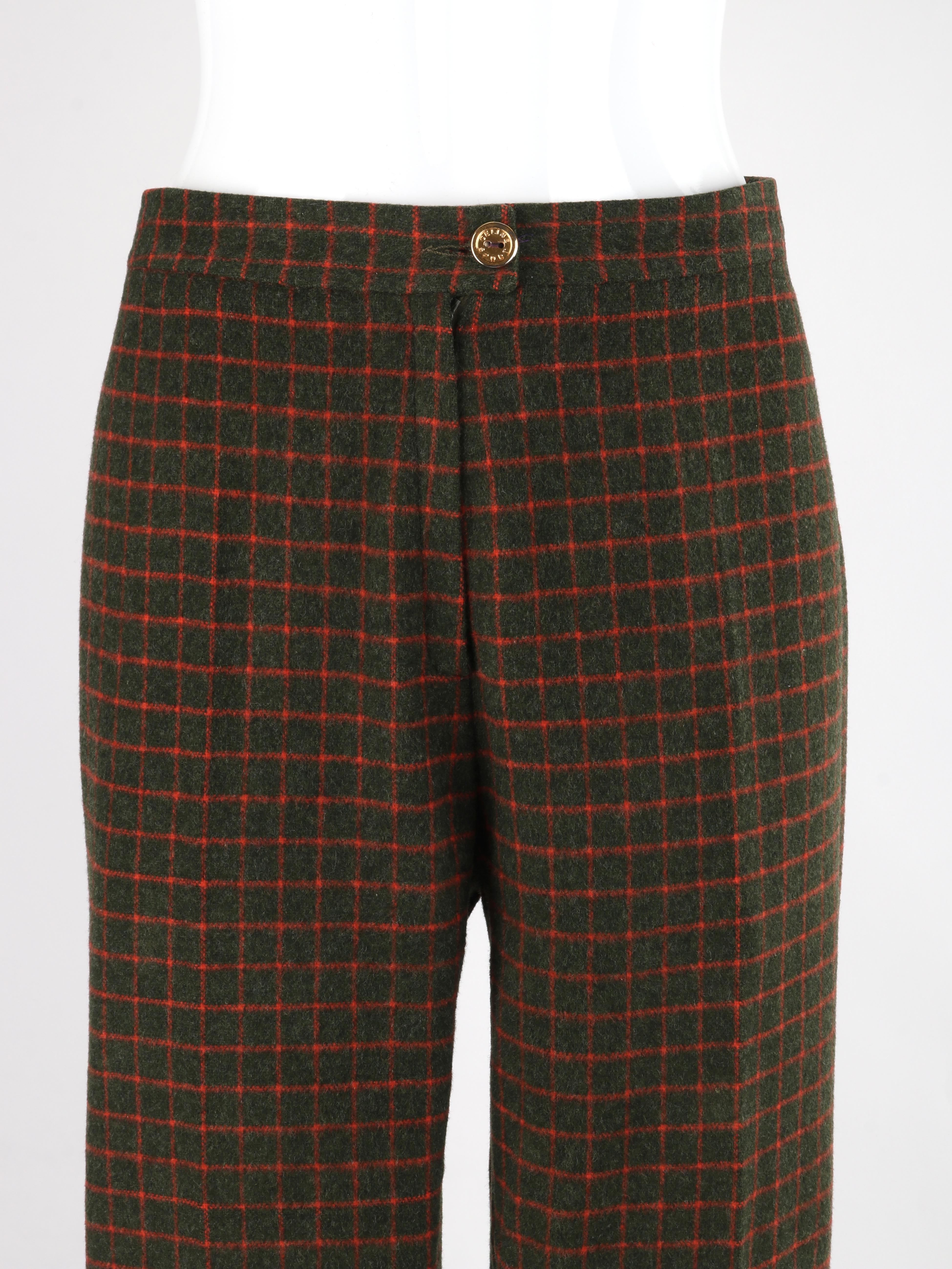 CELINE c.1990's Wool Green Red Check Pattern High Waist Tapered Trouser Pants 3