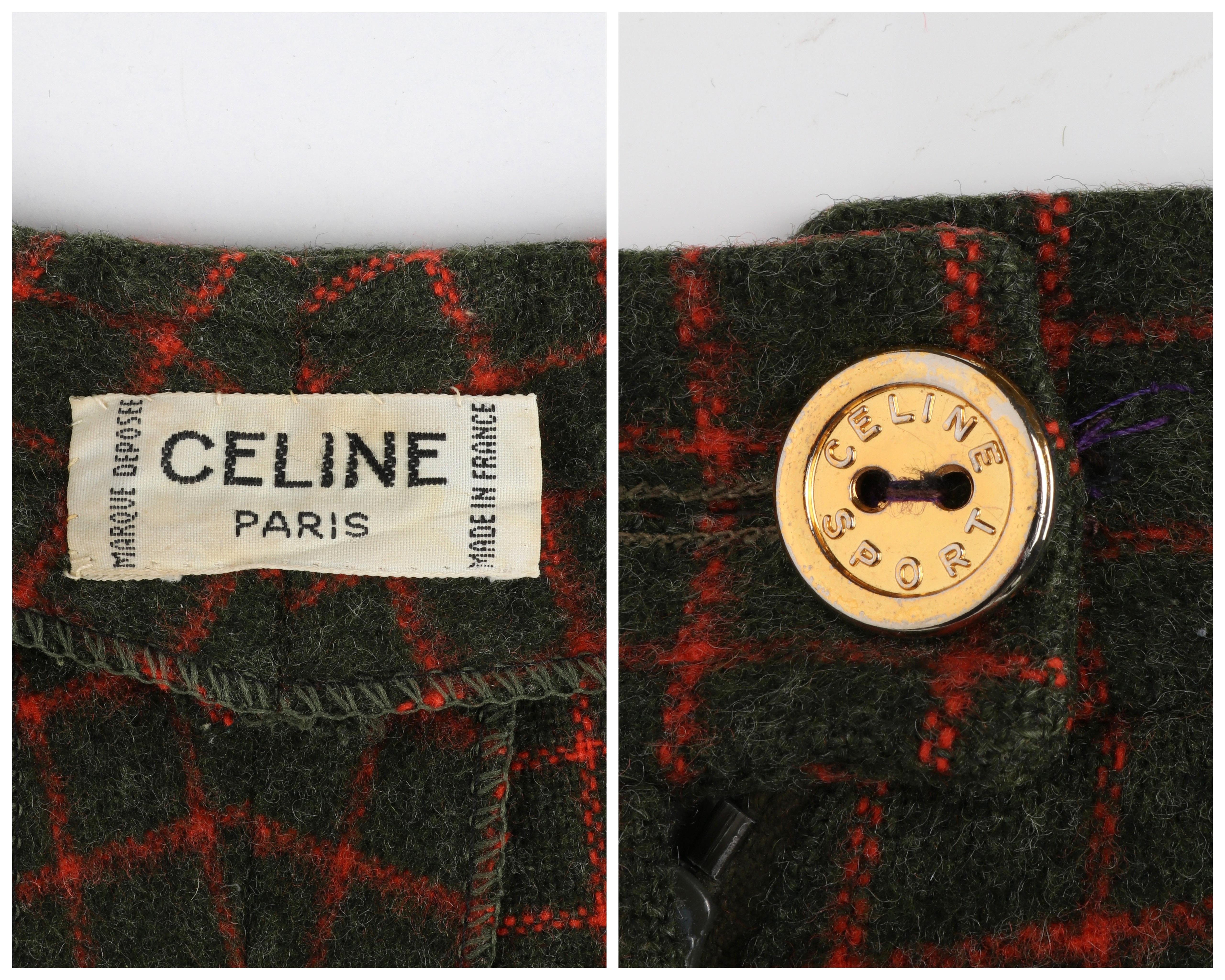 CELINE c.1990's Wool Green Red Check Pattern High Waist Tapered Trouser Pants 5