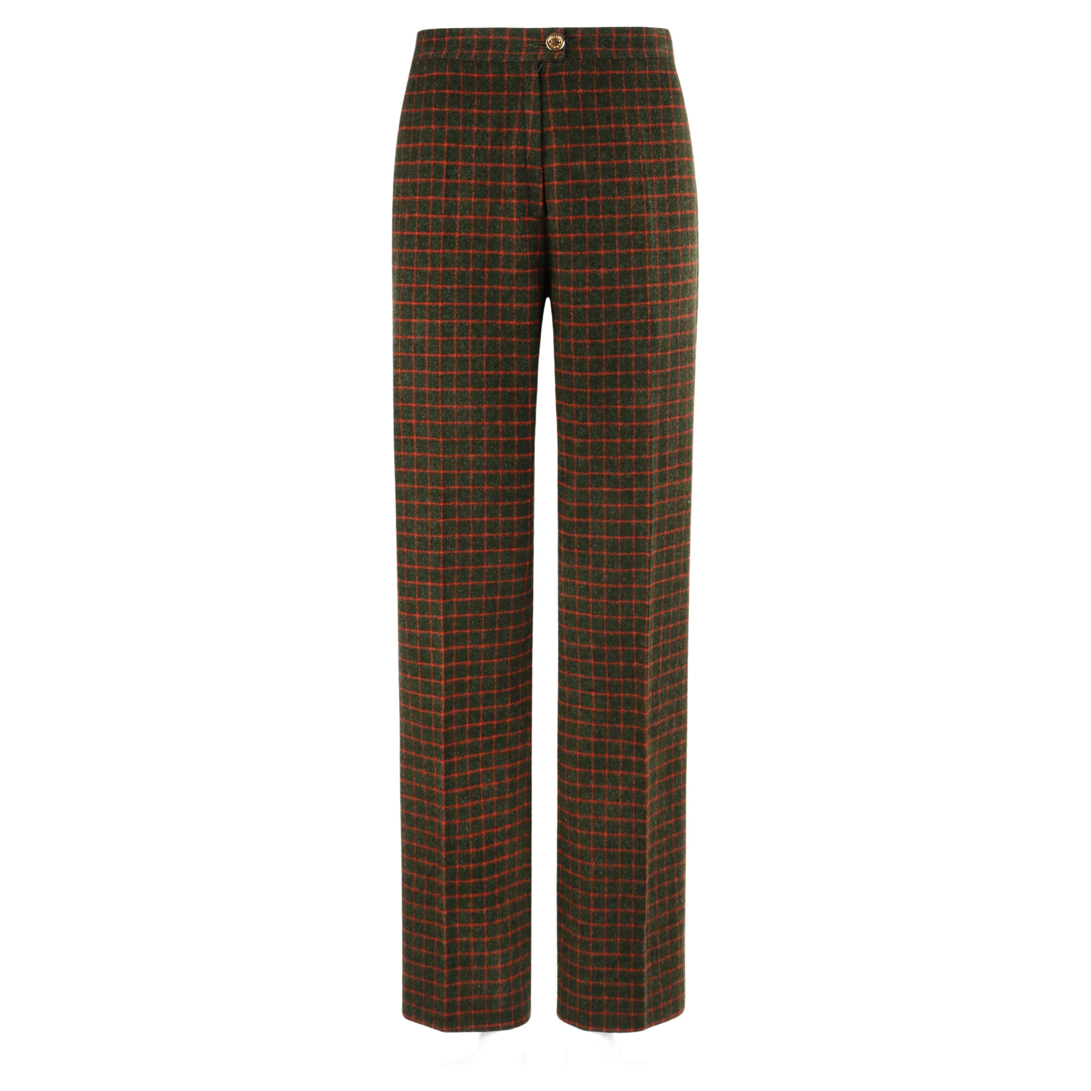 CELINE c.1990's Wool Green Red Check Pattern High Waist Tapered Trouser Pants