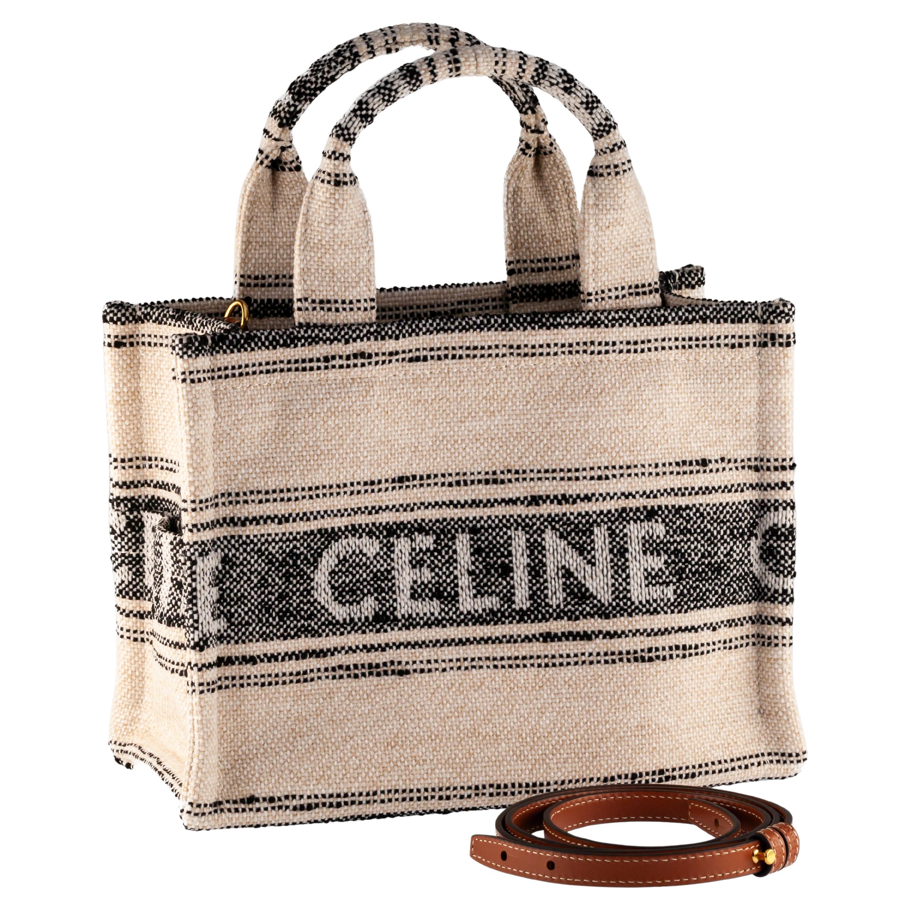 Celine Cabas Hippo White/Black Canvas Tweed Thais Cloth Handbag w/ Dustbag For Sale