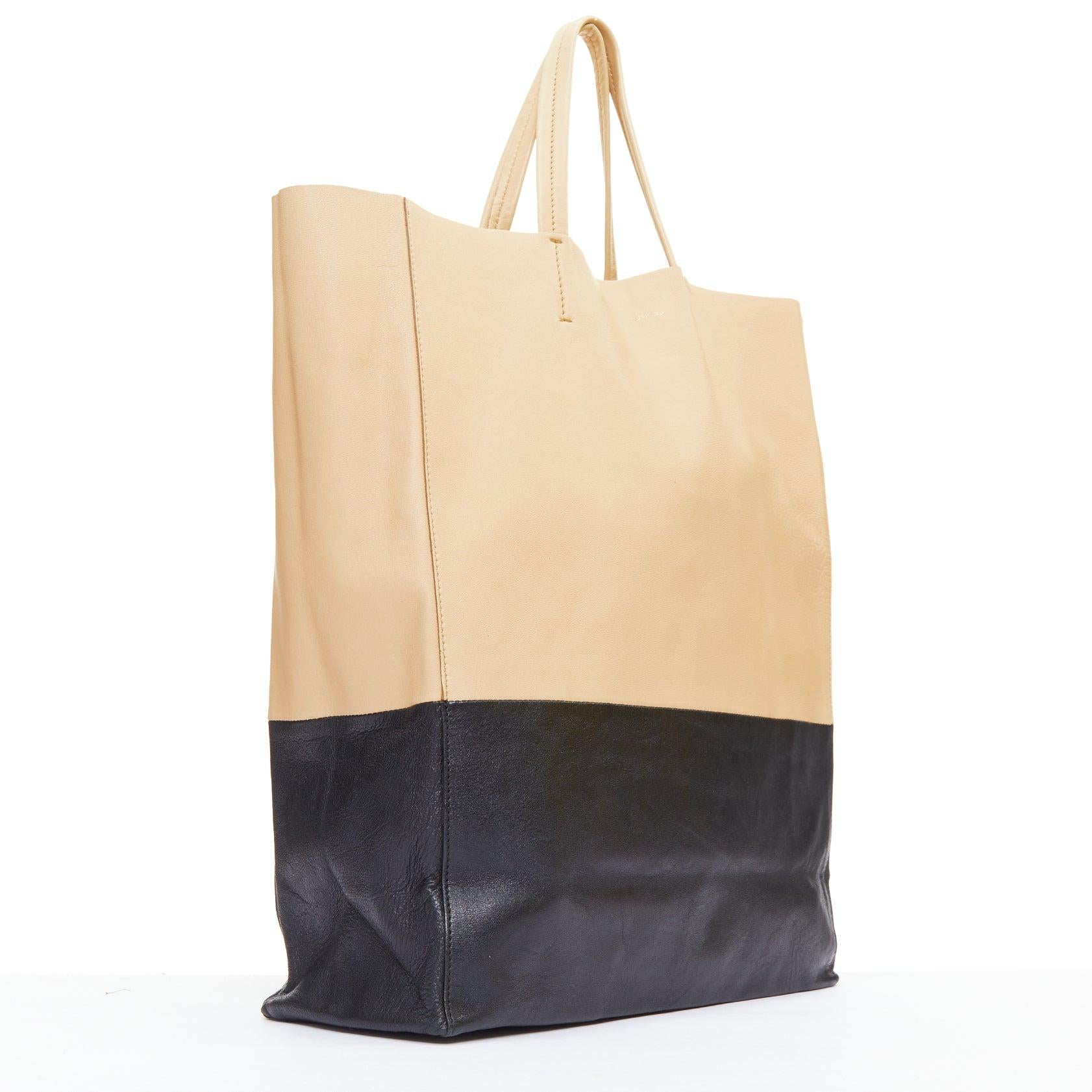 Beige CELINE Cabas Vertical nude black leather bicolor soft tote bag For Sale