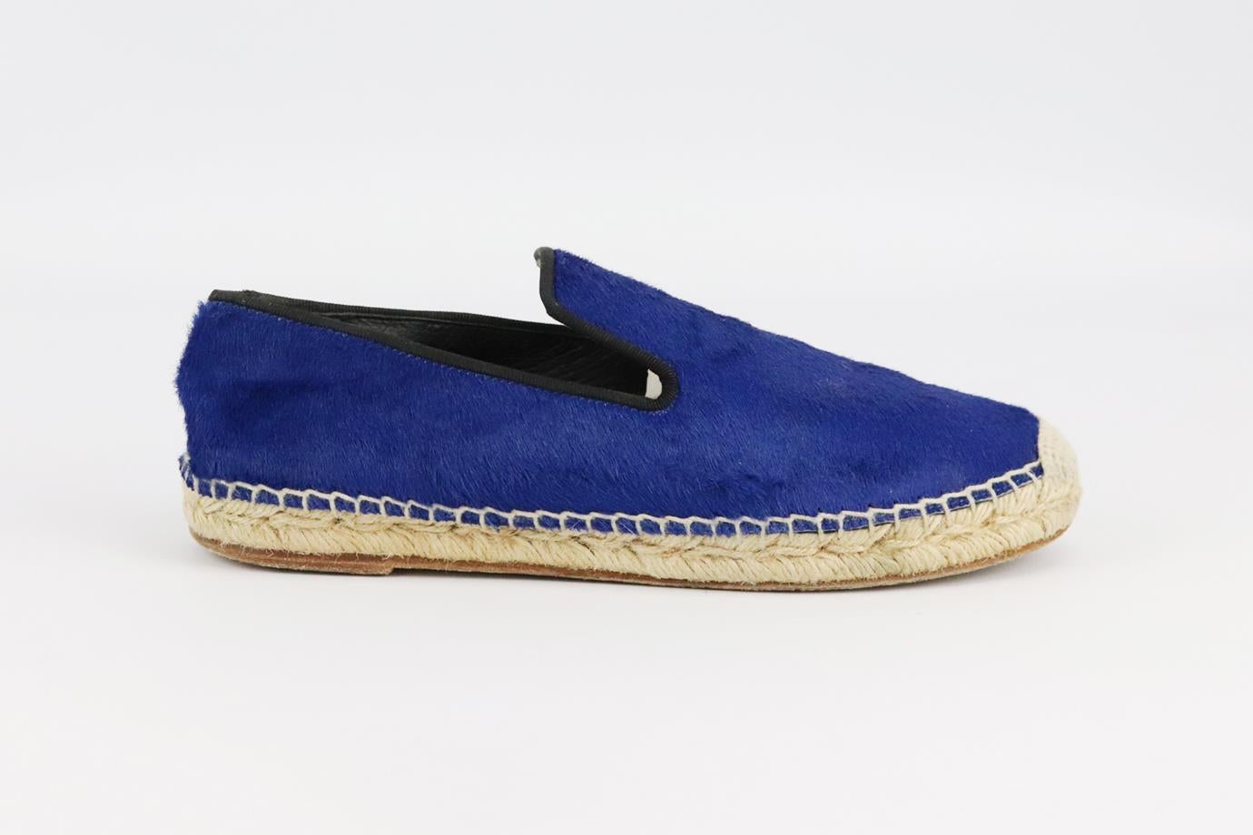 Celine calf hair and leather espadrilles. Blue. Slips on. Does not come with box or dustbag. Size: EU 37 (UK 4, US 7). Insole: 9.5 in. Heel: 0.9 in
