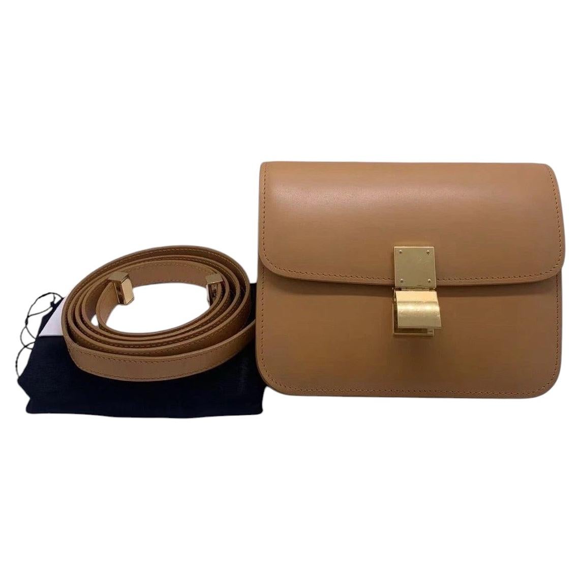 Celine Camel Classic Box Bag in Box Calfskin with Gold Hardware For Sale