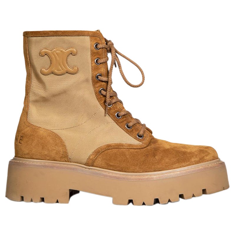 Céline Camel Suede Triomphe Logo Combat Boots Size IT 40
