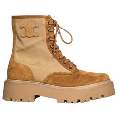 Céline Camel Suede Triomphe Logo Combat Boots Size IT 40