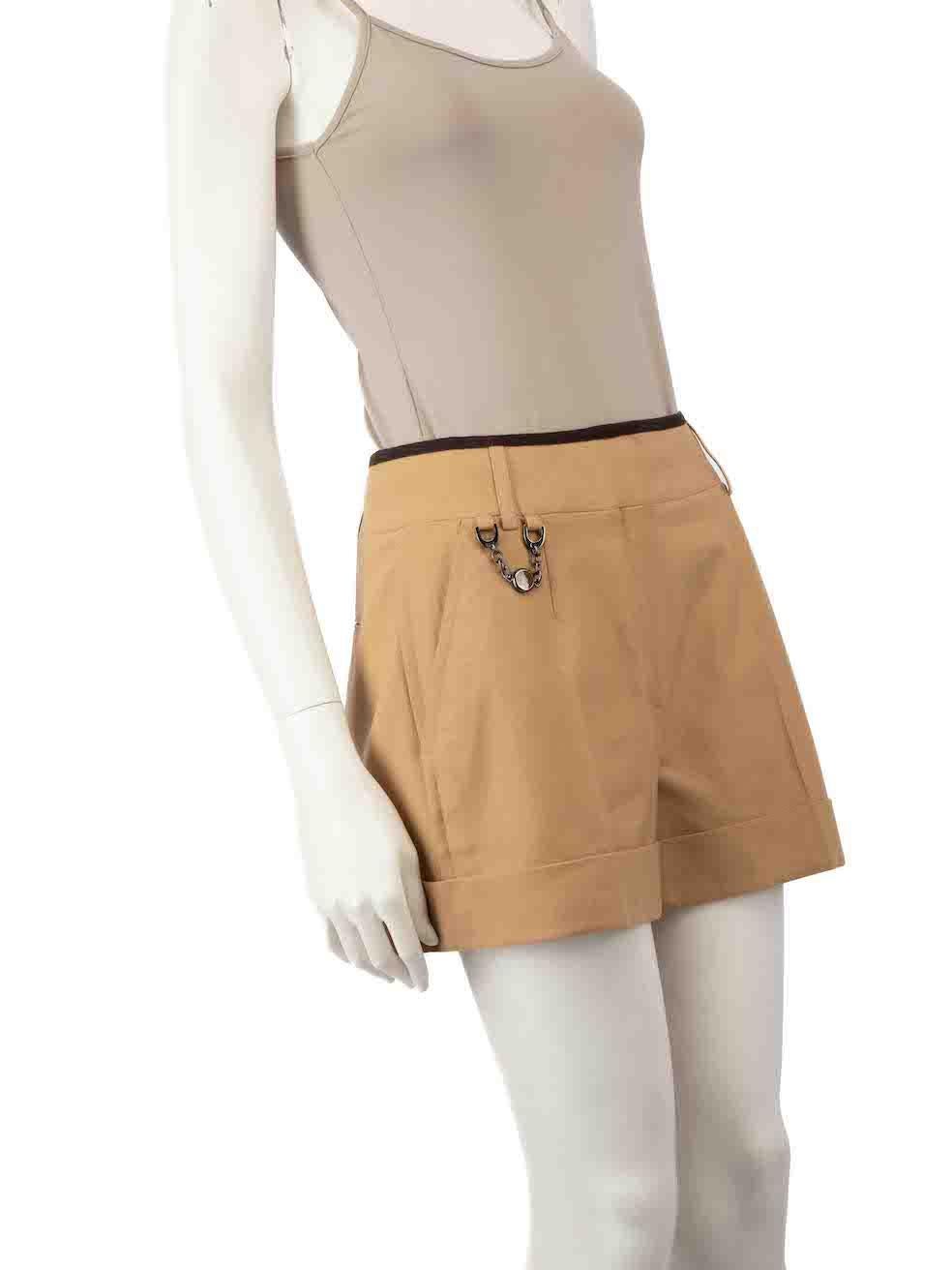 CONDITION is Very good. Hardly any visible wear to shorts is evident on this used Céline designer resale item.
 
 
 
 Details
 
 
 Camel
 
 Wool
 
 Shorts
 
 Logo chain detail
 
 2x Side pockets
 
 1x Back pocket
 
 Fly zip and hook fastening
 
 
 

