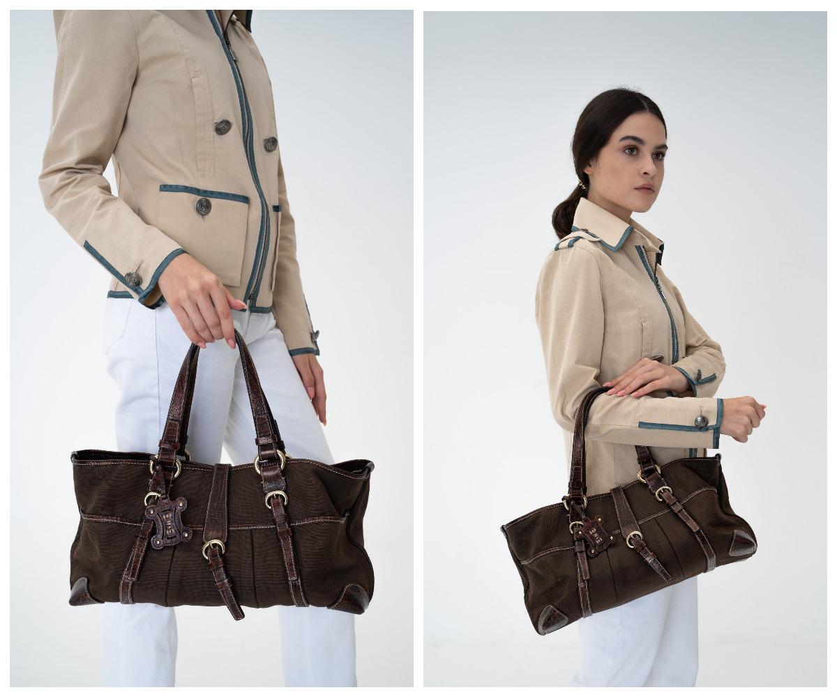 Celine Canvas Leather Handbag Brown For Sale 6