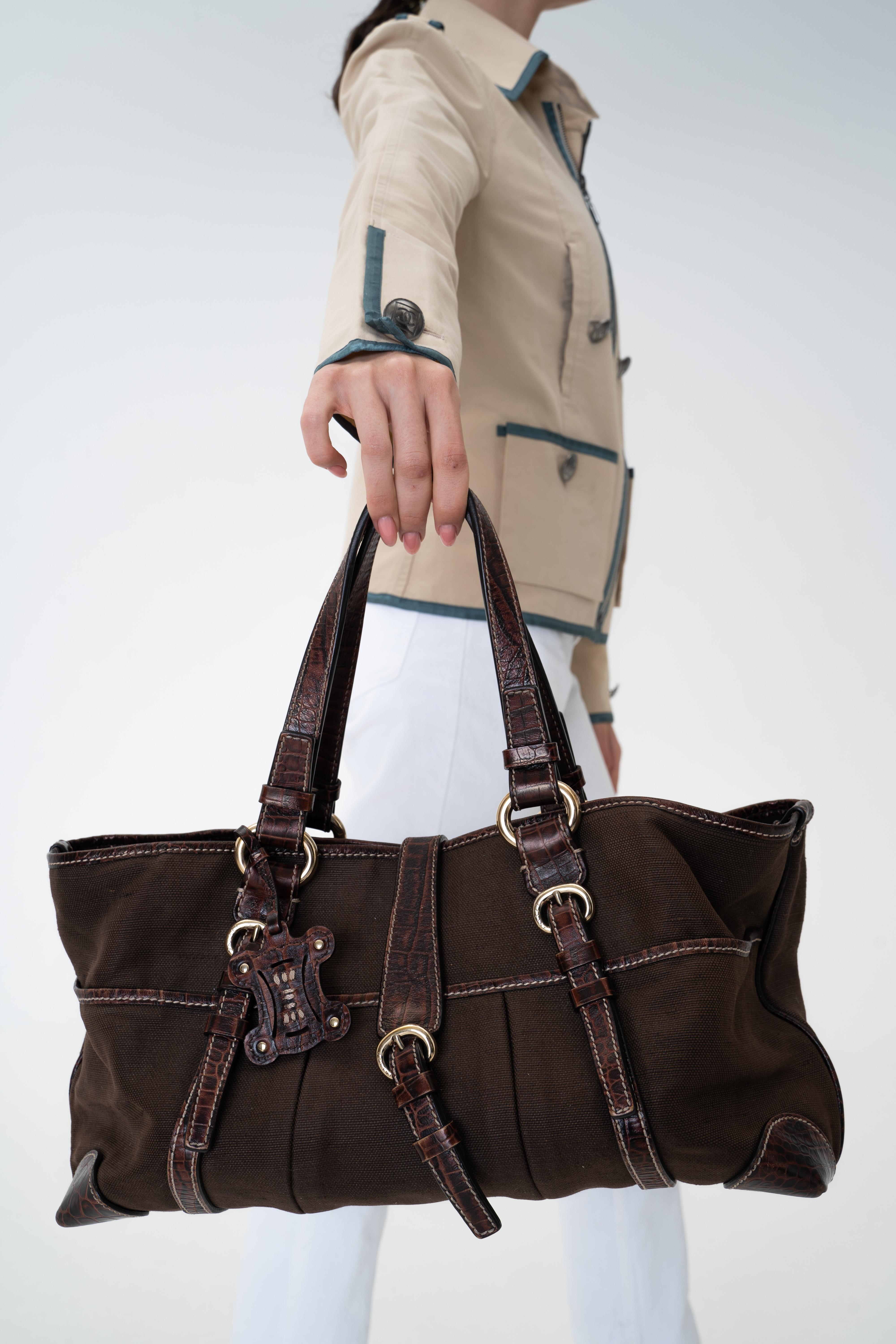 Celine Canvas Leather Handbag Brown For Sale 14