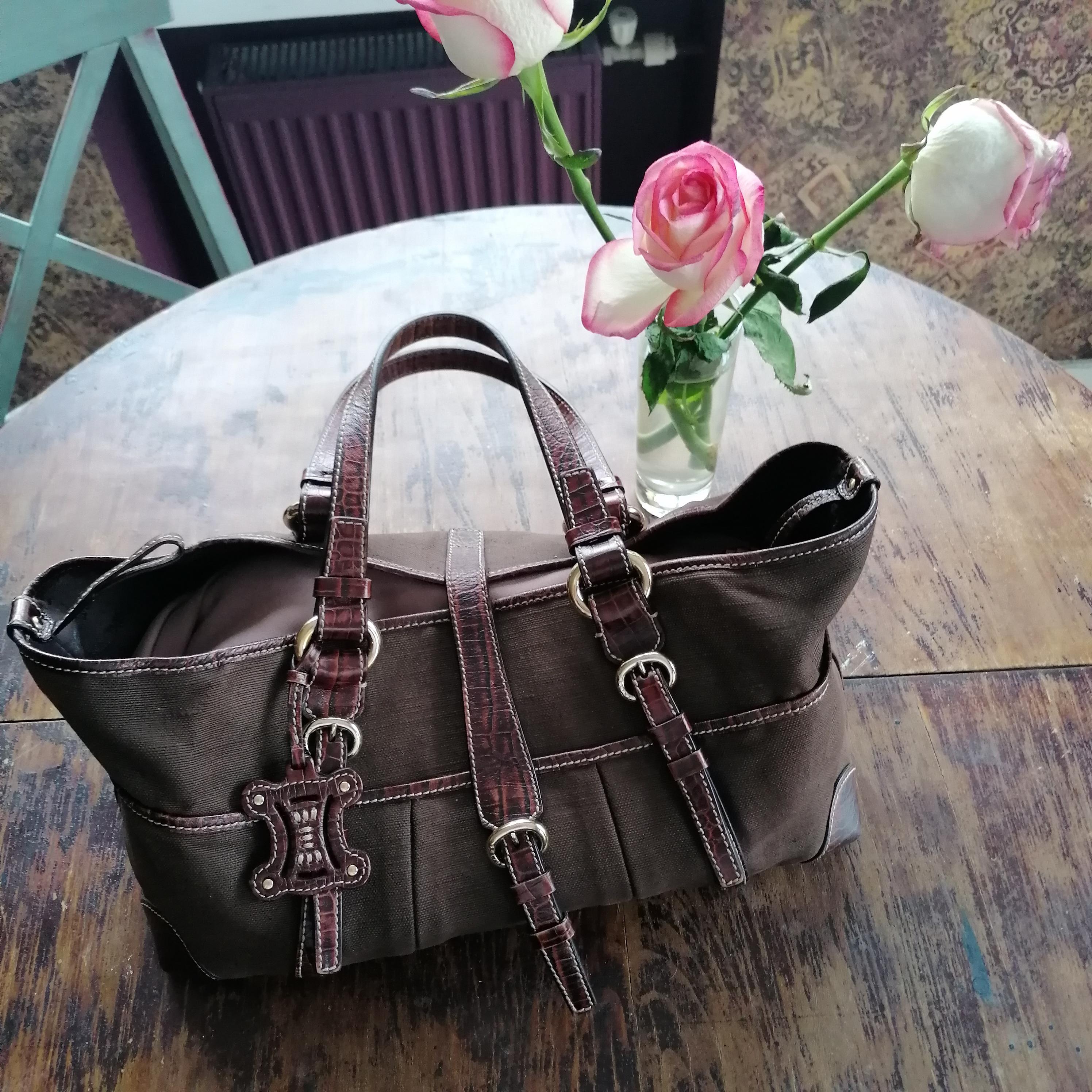 Celine Canvas Leather Handbag Brown For Sale 16