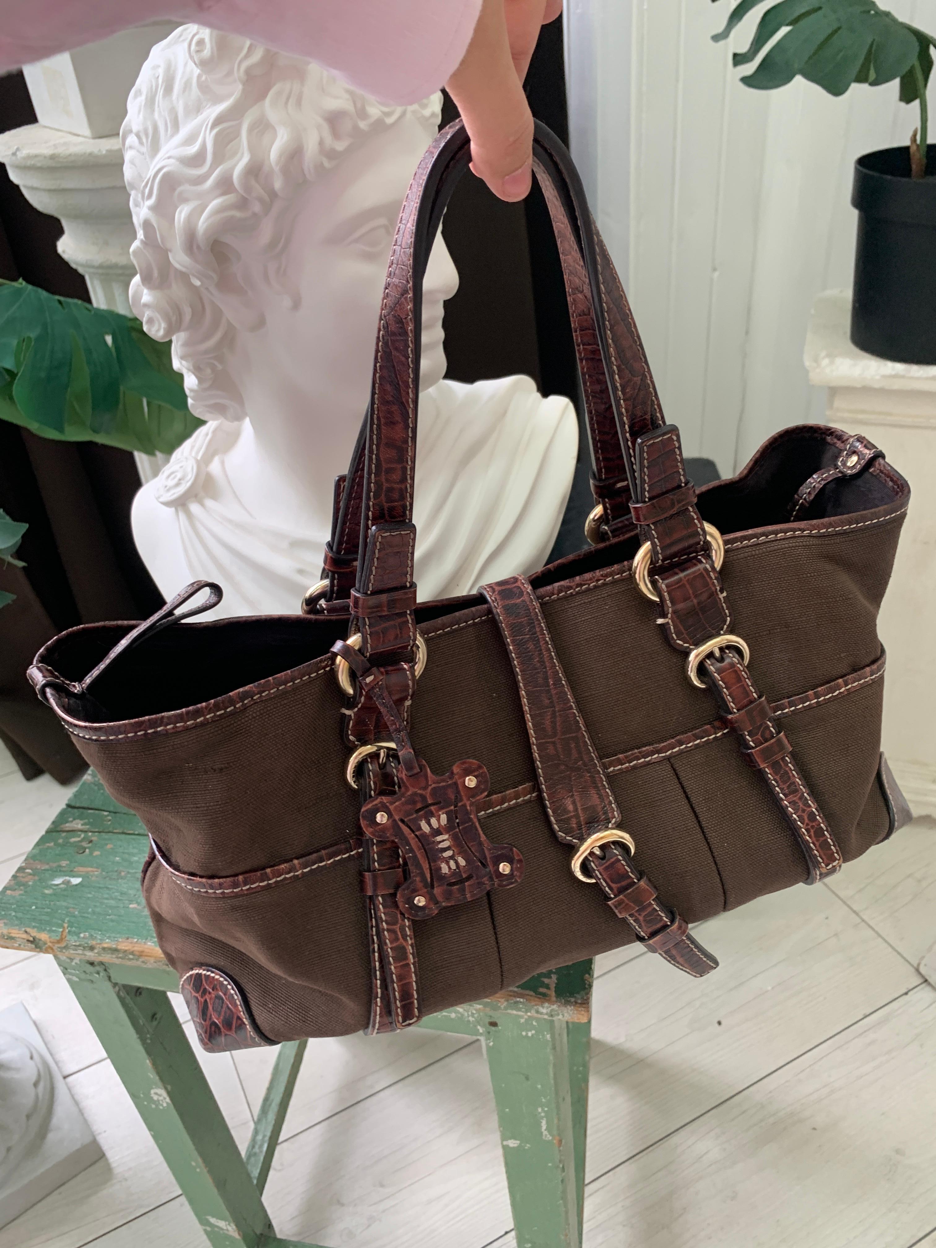 Celine Canvas Leather Handbag Brown For Sale 3