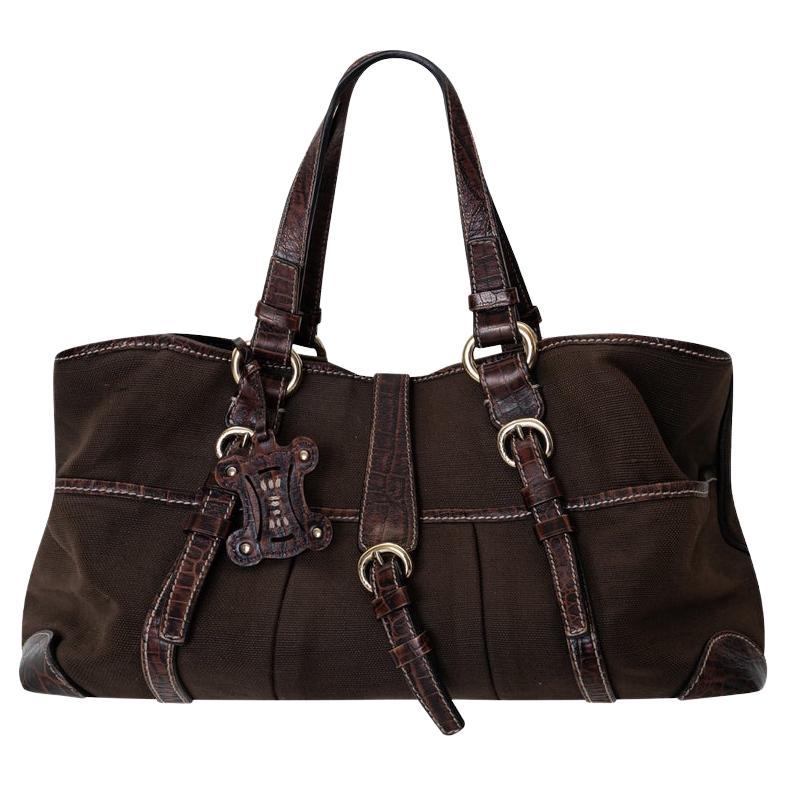 Celine Canvas Leather Handbag Brown For Sale