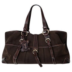 Used Celine Canvas Leather Handbag Brown