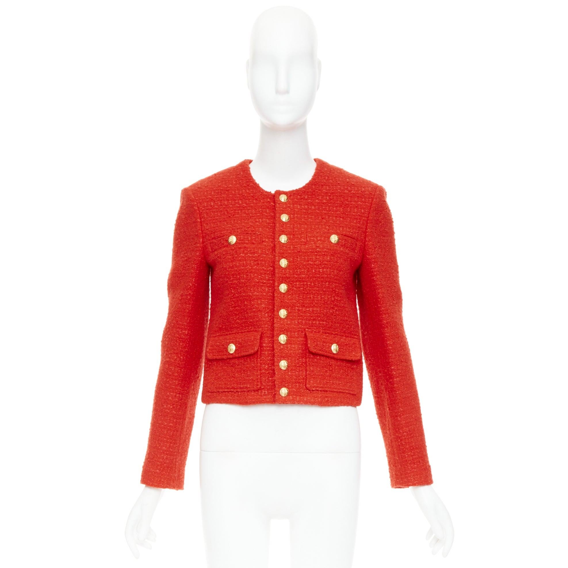 CELINE Chasseur rote Wolle Leinen Tweed Goldknöpfe abgeschnittene Jacke FR34 XS im Angebot 5