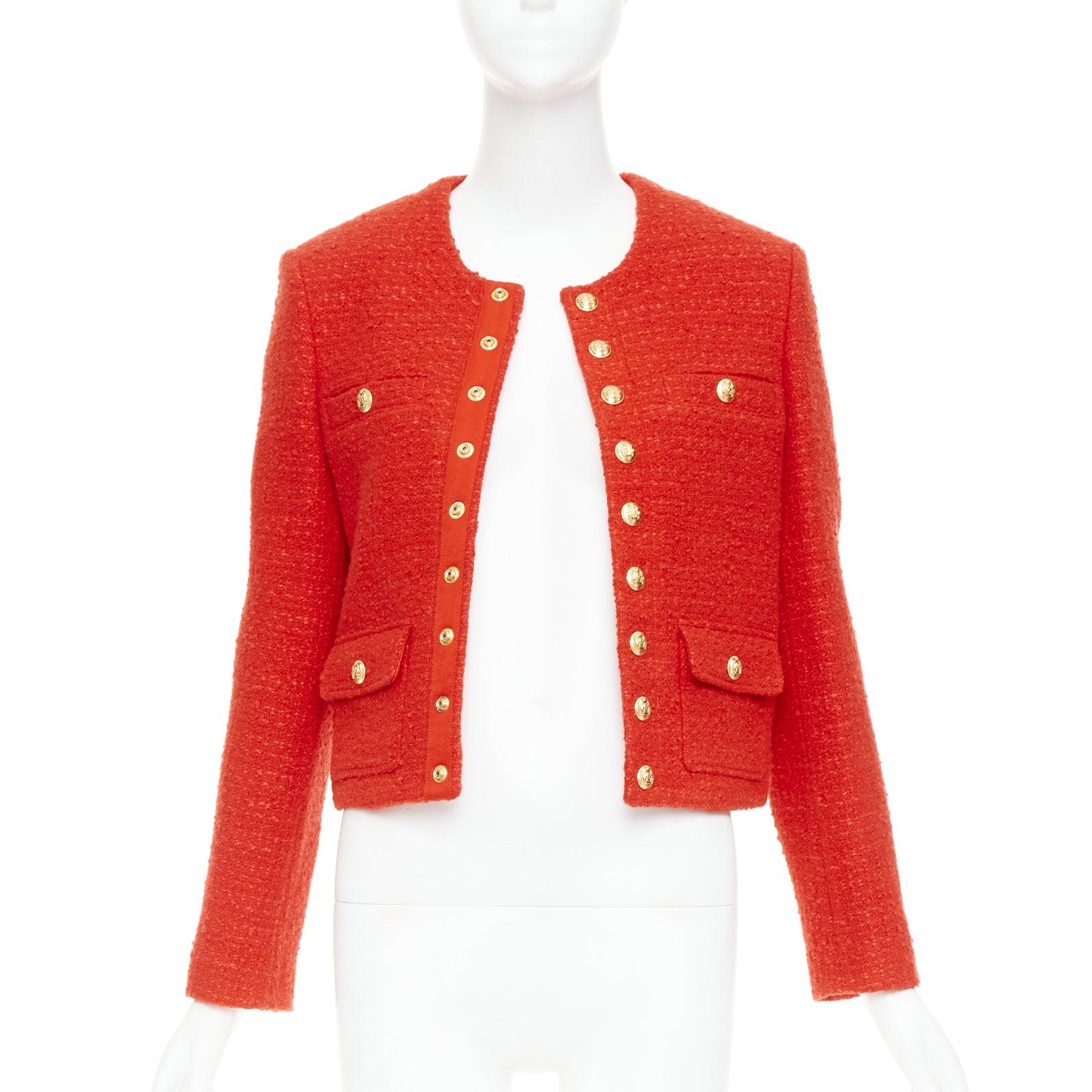 CELINE Chasseur rote Wolle Leinen Tweed Goldknöpfe abgeschnittene Jacke FR34 XS (Rot) im Angebot