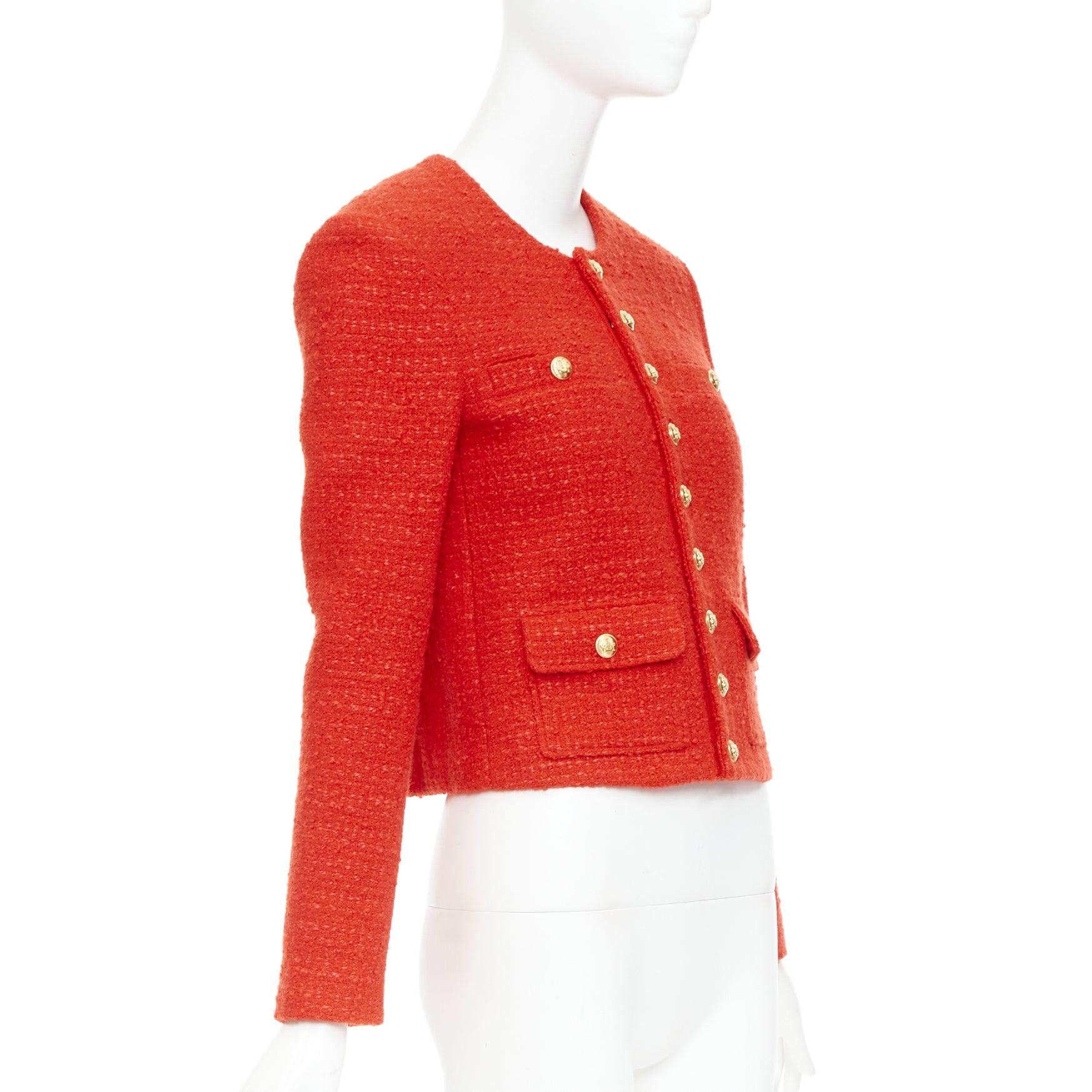 CELINE Chasseur rote Wolle Leinen Tweed Goldknöpfe abgeschnittene Jacke FR34 XS im Zustand „Hervorragend“ im Angebot in Hong Kong, NT