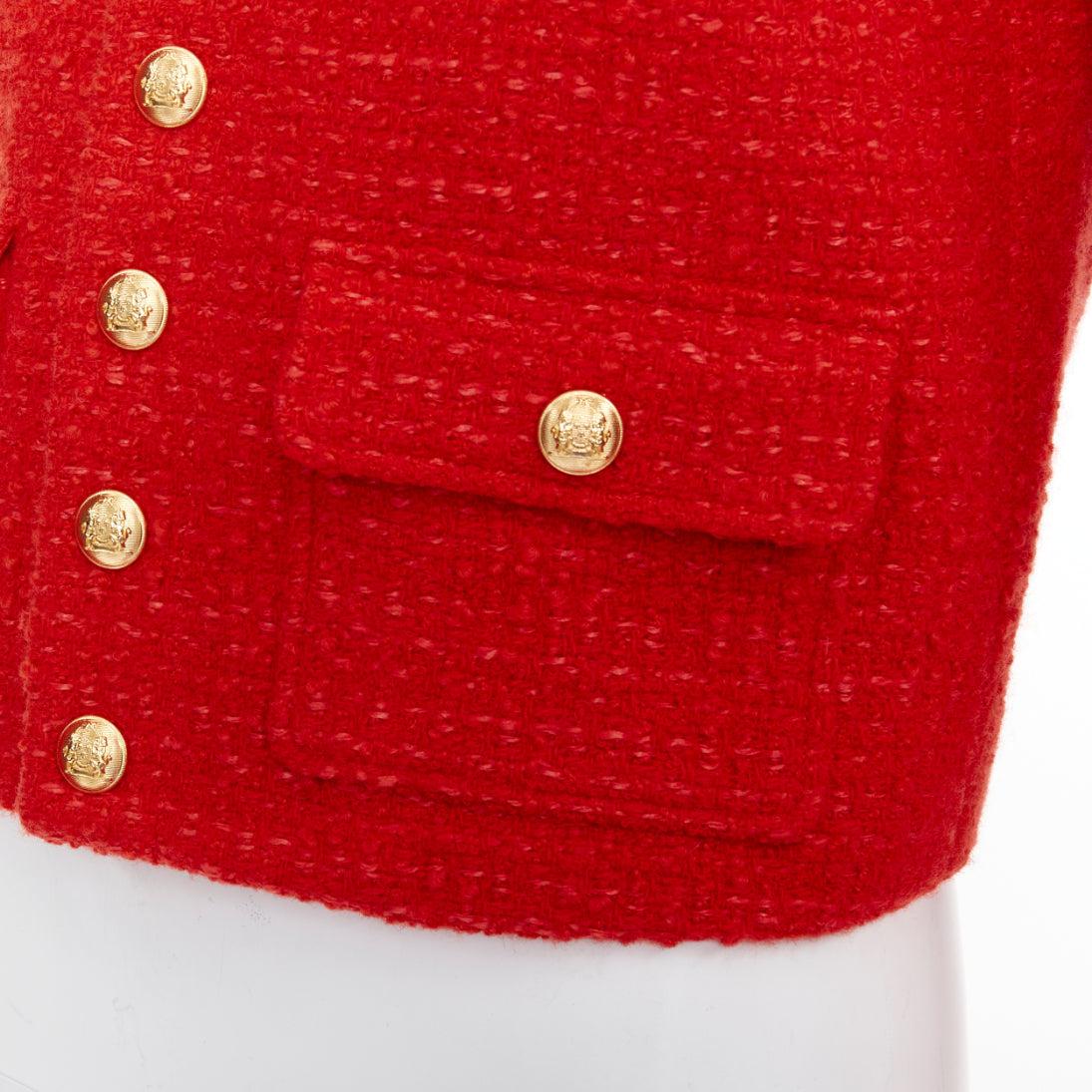 CELINE Chasseur rote Wolle Leinen Tweed Goldknöpfe abgeschnittene Jacke FR34 XS im Angebot 3