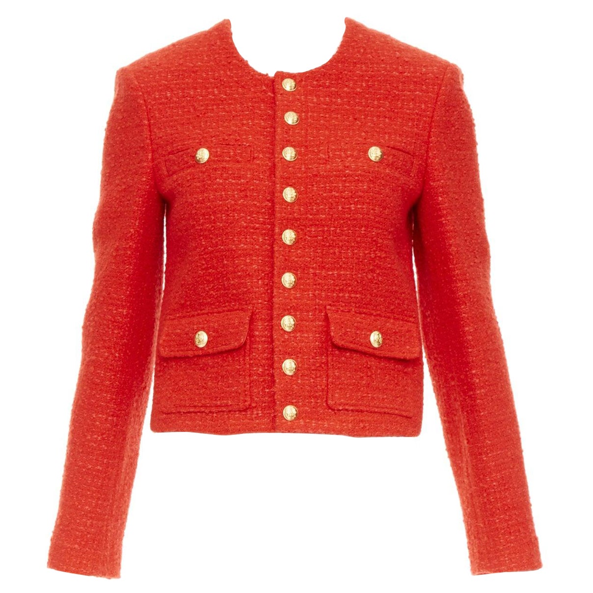 CELINE Chasseur red wool linen tweed gold buttons cropped jacket FR34 XS