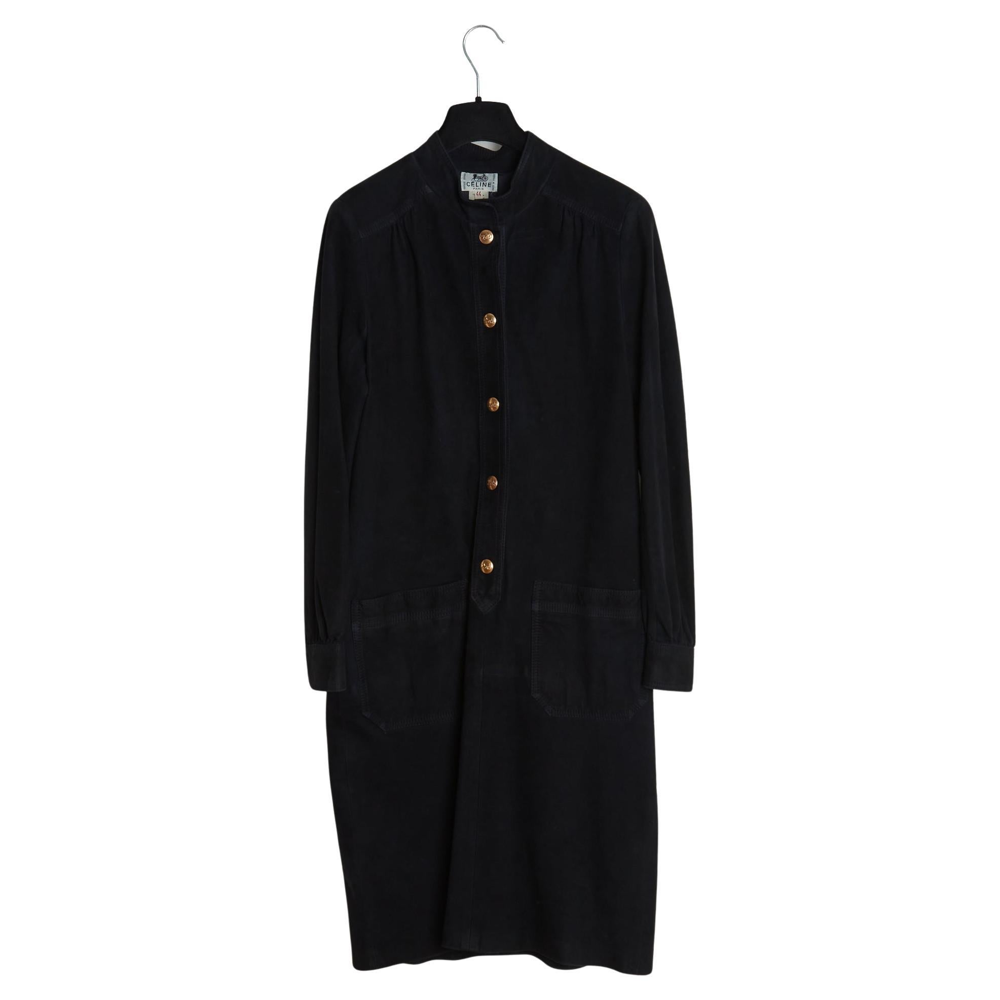 Céline circa 1990 Robe daim noir FR40 Vestido maxi de ante negro UK12 US8 Celine en venta