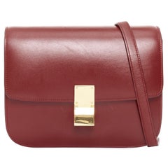 CELINE Classic Box burgundy smooth leather gold clasp crossbody messenger bag