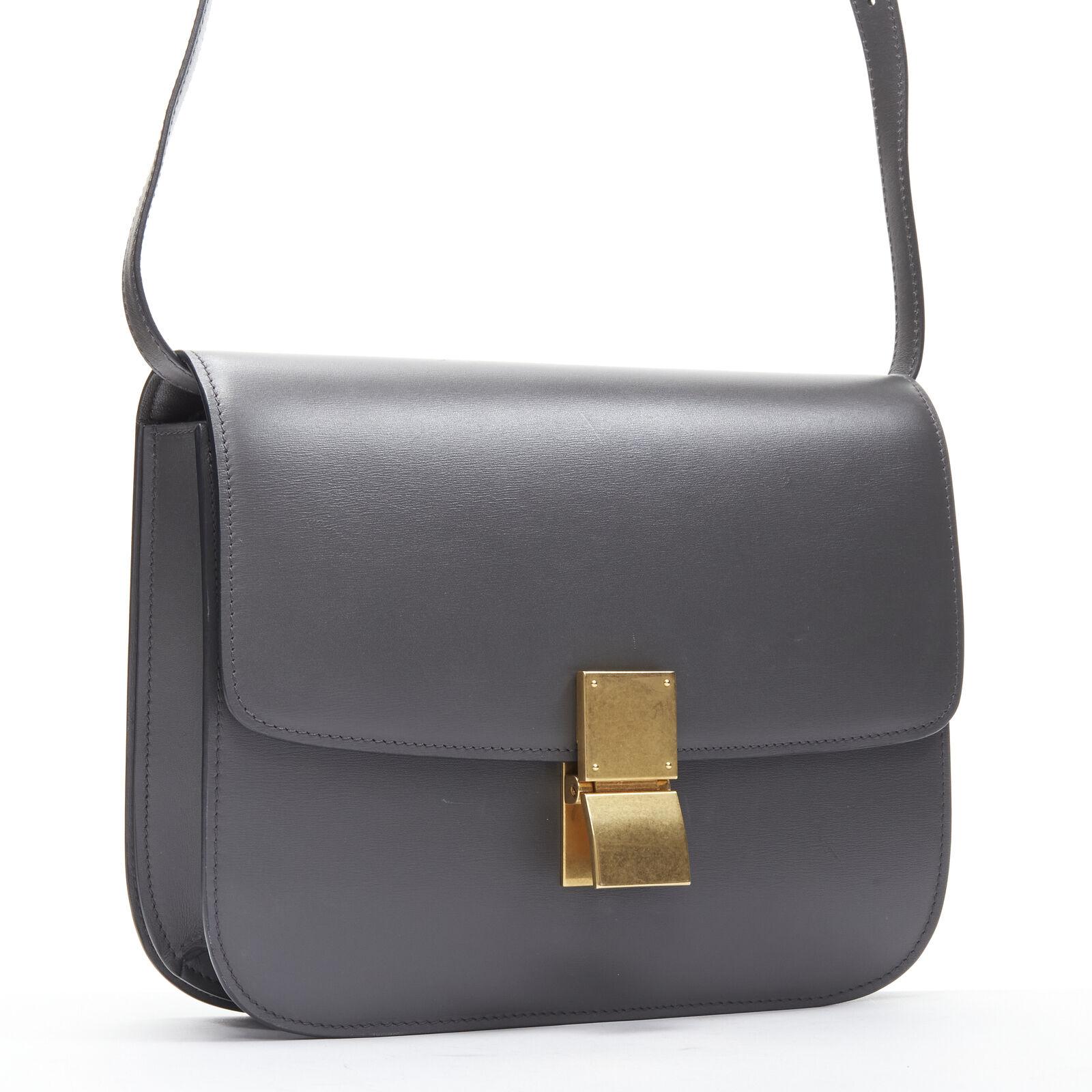 CELINE Classic Box grey calfskin leather buckle bag medium In Good Condition In Hong Kong, NT