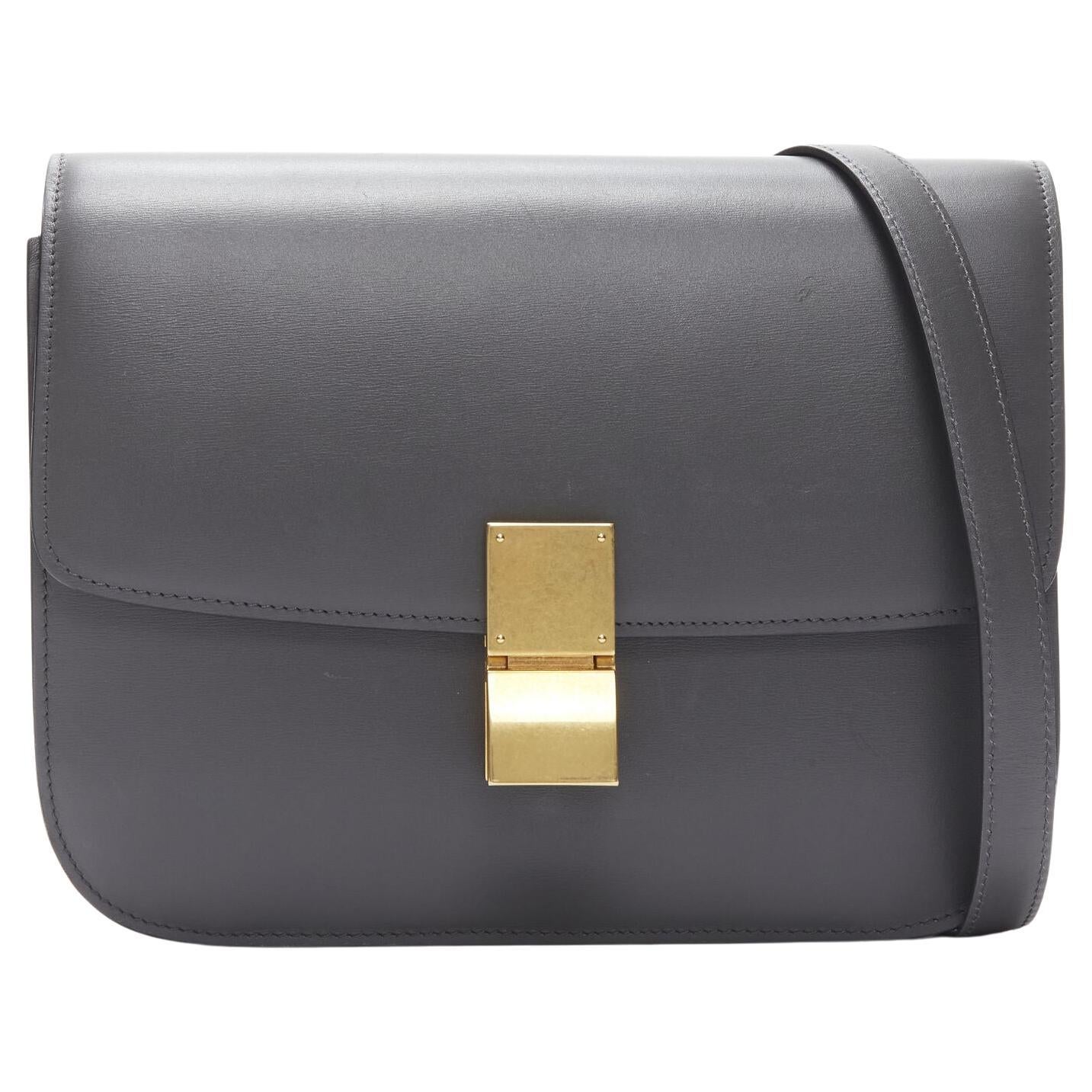 CELINE Classic Box grey calfskin leather buckle bag medium
