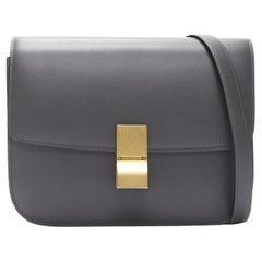 CELINE Classic Box grey calfskin leather buckle bag medium