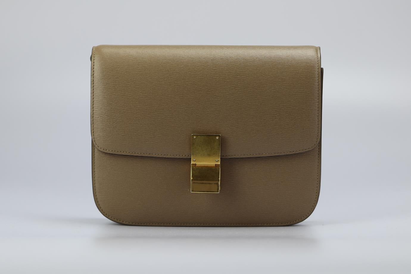 Celine Classic Box Medium Textured Leathger Shoulder Bag. Khaki-green. Push lock fastening - Front. Comes with - dustbag. Height: 8.2 In. Width: 9.2 In. Depth: 1.7 In. Strap drop: 17.4 In. Condition: Used. Very good condition - Barely used. No sign